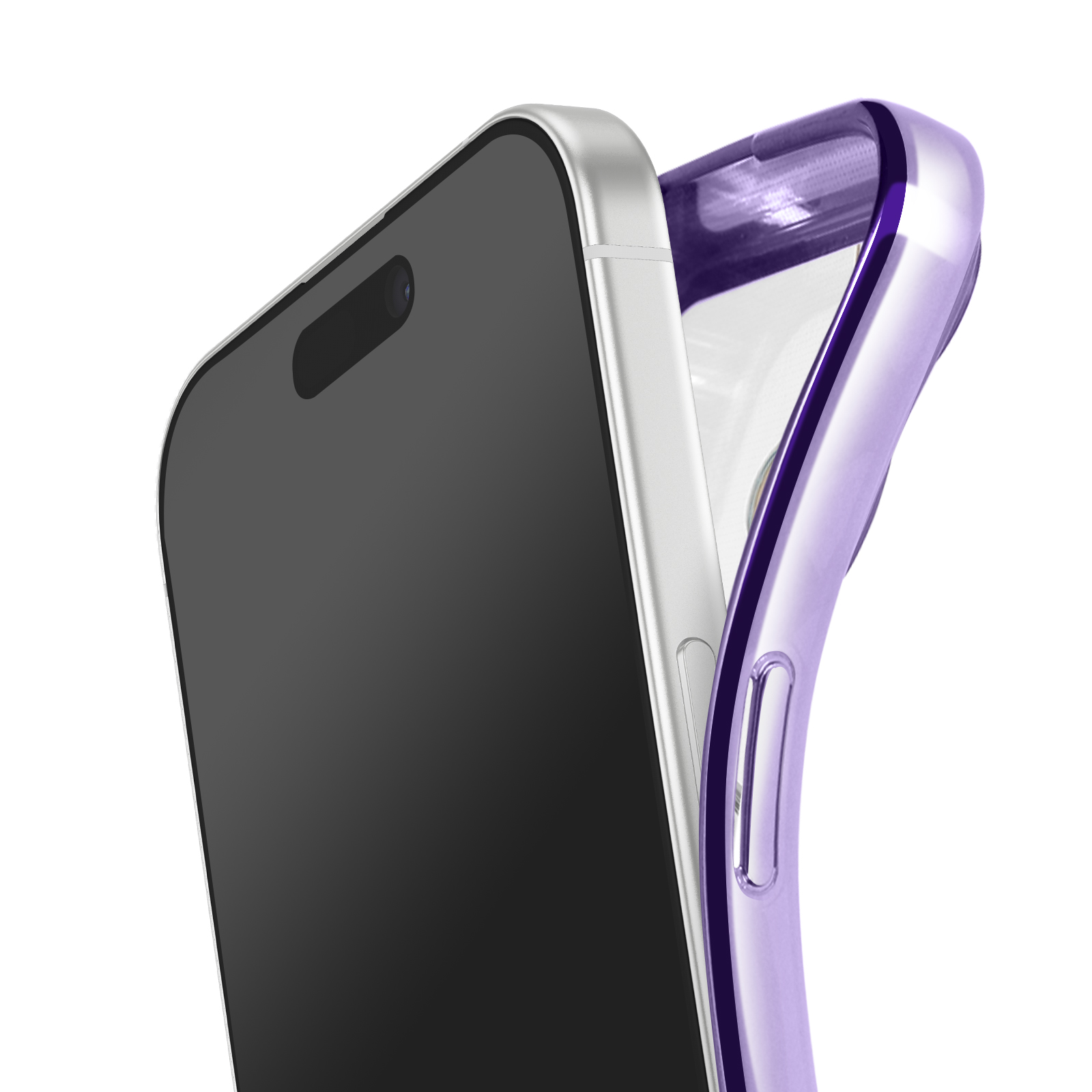 Un smartphone à écran noir est inséré dans une coque de téléphone violette. Fond blanc.