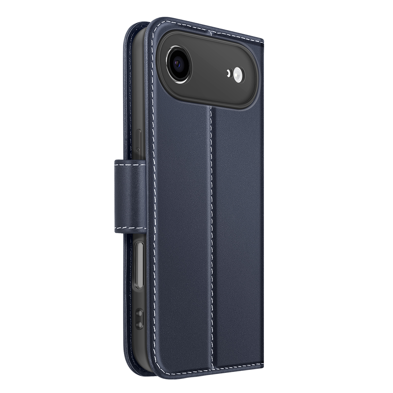 Una custodia per telefono blu scuro con cuciture bianche. Ha un ritaglio per la fotocamera e un lembo.