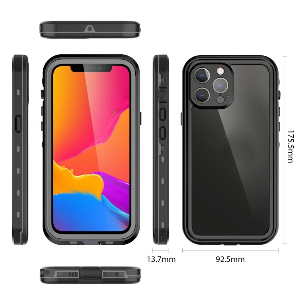 Ein zerlegtes schwarzes Handycase. Teile umfassen Vorder-, Rück- und Seitenansichten sowie Maße. Der Bildschirm zeigt ein farbenfrohes Bild.