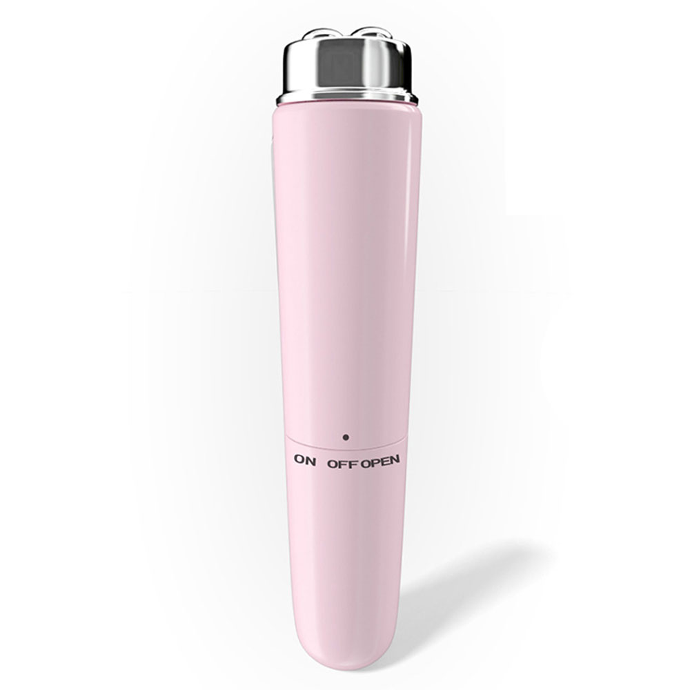 Ein rosa Schönheitsgerät mit silberner Oberseite. Es trägt die Aufschrift 'ON', 'OFF' und 'OPEN'. Das Gerät befindet sich auf weißem Hintergrund.
