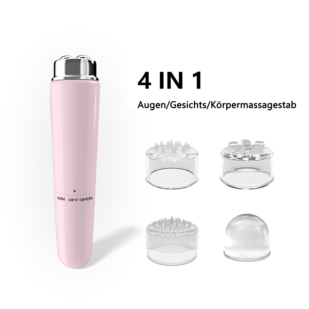 Ein pinkfarbenes 4-in-1-Gesichtsmassagegerät mit austauschbaren Köpfen. Text: '4 IN 1 Augen/Gesichts/Körpermassagestab'.