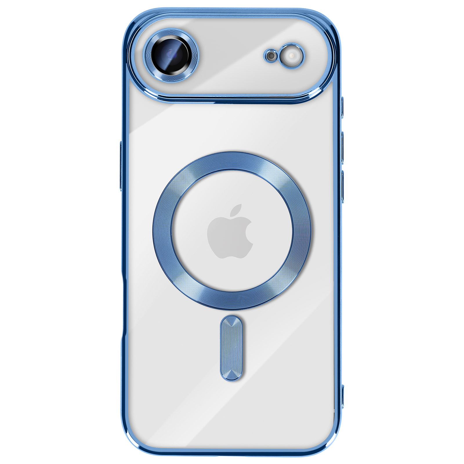 Een transparante iPhone-hoes met een blauw frame. Het heeft een blauwe cirkel en een verticale balk. Het Apple-logo is zichtbaar.