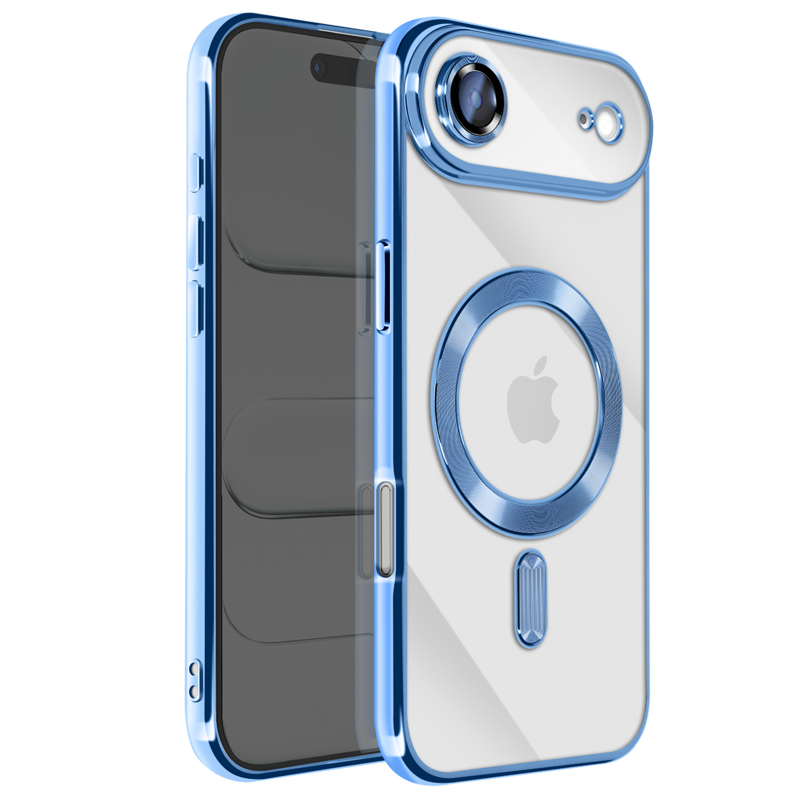 Transparante telefoonhoes met blauwe rand. Toont een iPhone. De hoes heeft een uitsparing voor de camera en het Apple-logo.