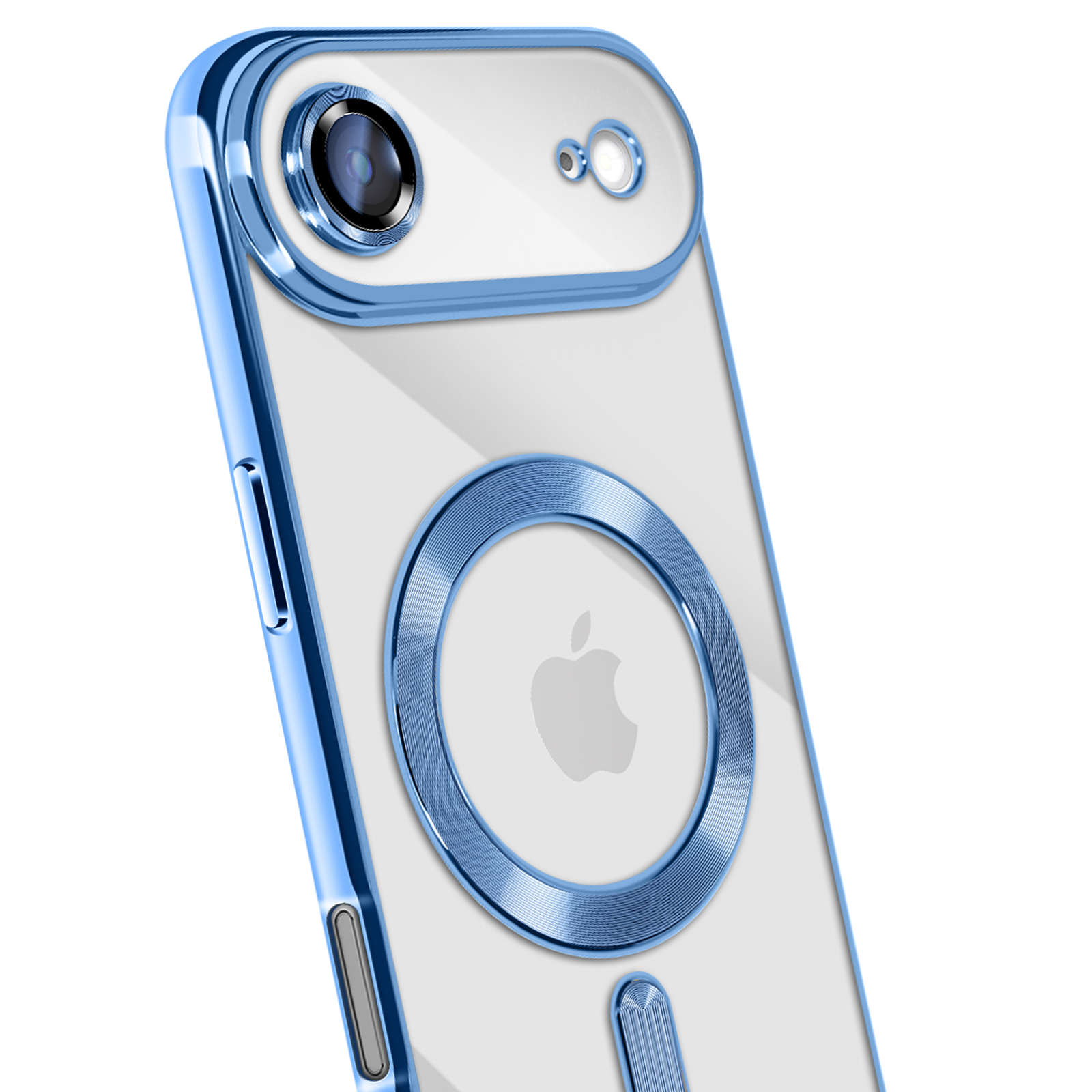 Transparante telefoonhoes met blauwe rand. Apple-logo zichtbaar. Cameralens en ringdetail aan de achterkant.