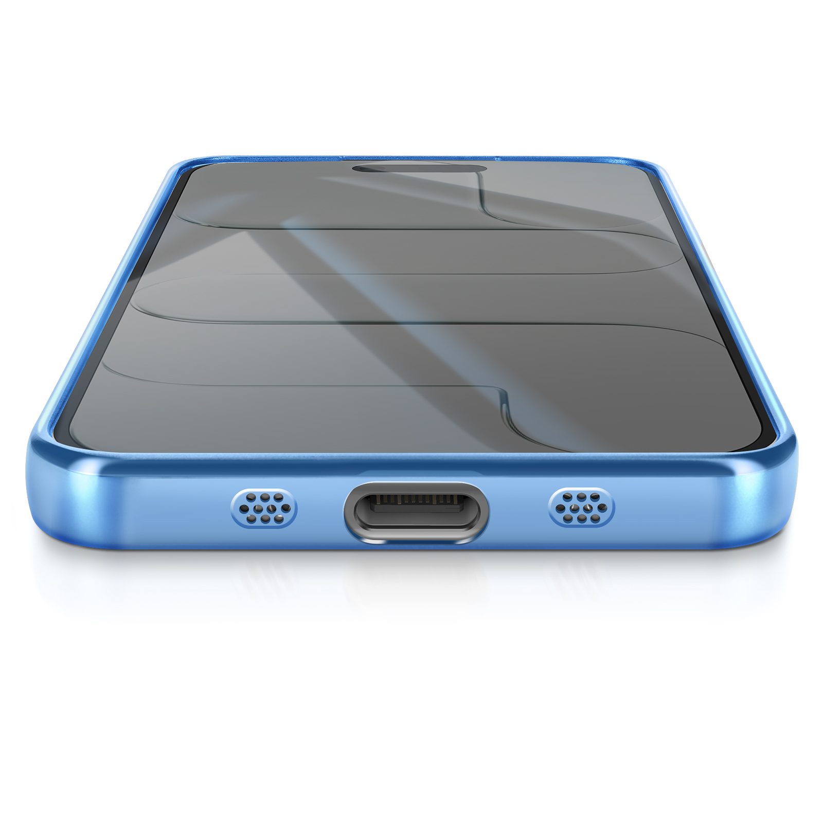 Een blauwe smartphone met een zwart scherm, gezien vanuit een lage hoek. De telefoon ligt op een wit oppervlak.