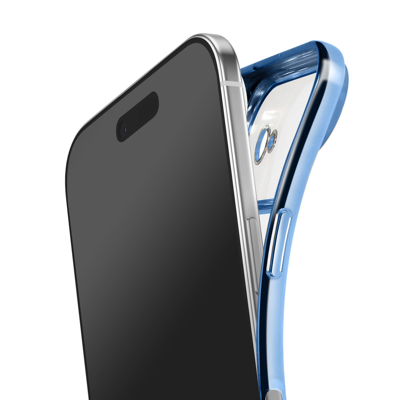 Close-up van een zwarte smartphone met een transparante blauwe beschermhoes. De hoes is open.