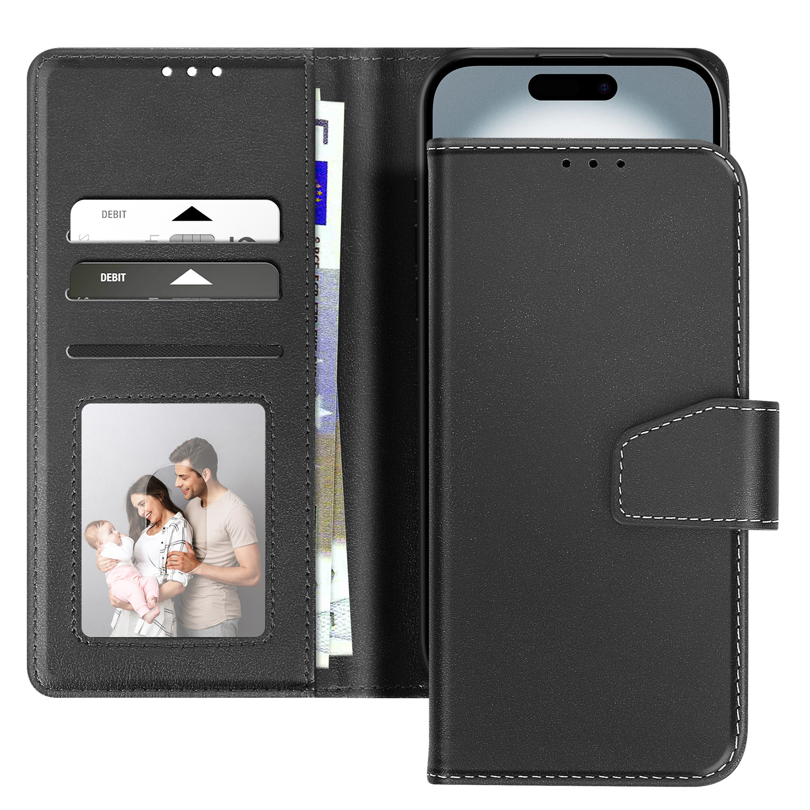 Custodia per telefono nera a portafoglio con telefono all'interno. Carte, denaro e foto di famiglia visibili.