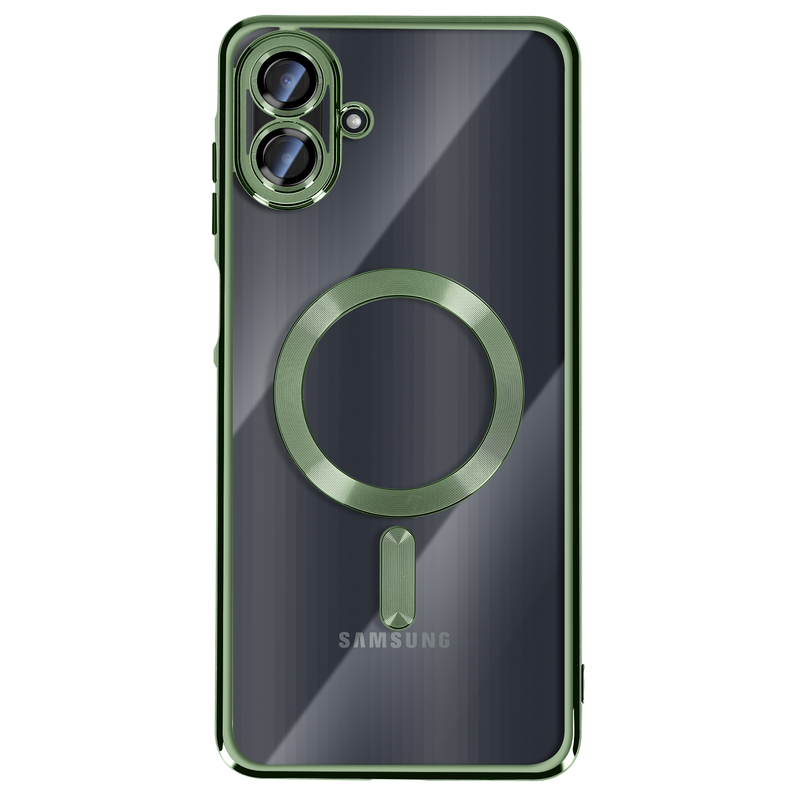 Groene telefoonhoes voor een Samsung-telefoon. Beschikt over camera-uitsparingen, een magnetische ring en het Samsung-logo.