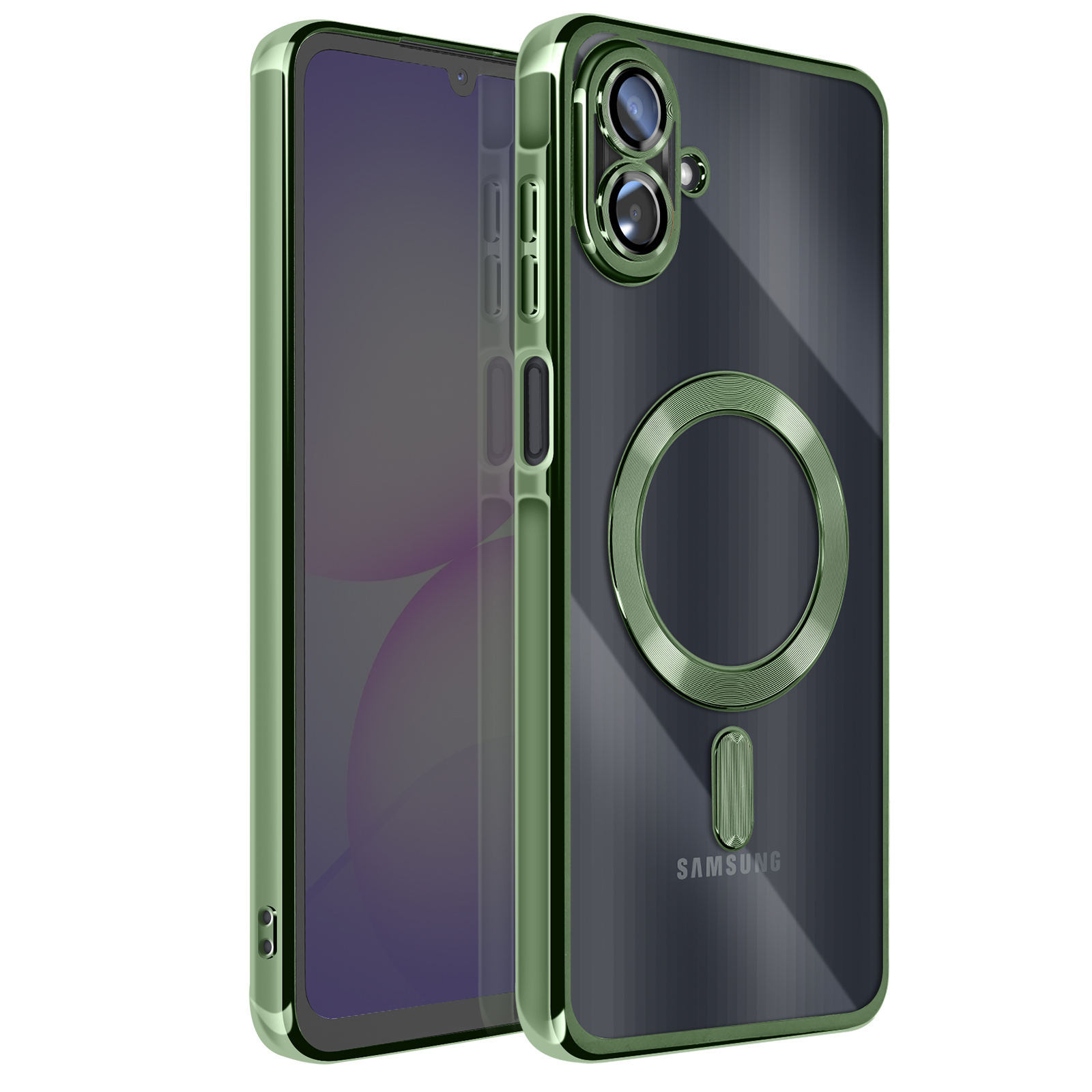Groene telefoonhoes met doorzichtige achterkant. Metalen groen frame omringt de telefoon. Samsung-logo op de achterkant en een ring voor MagSafe.