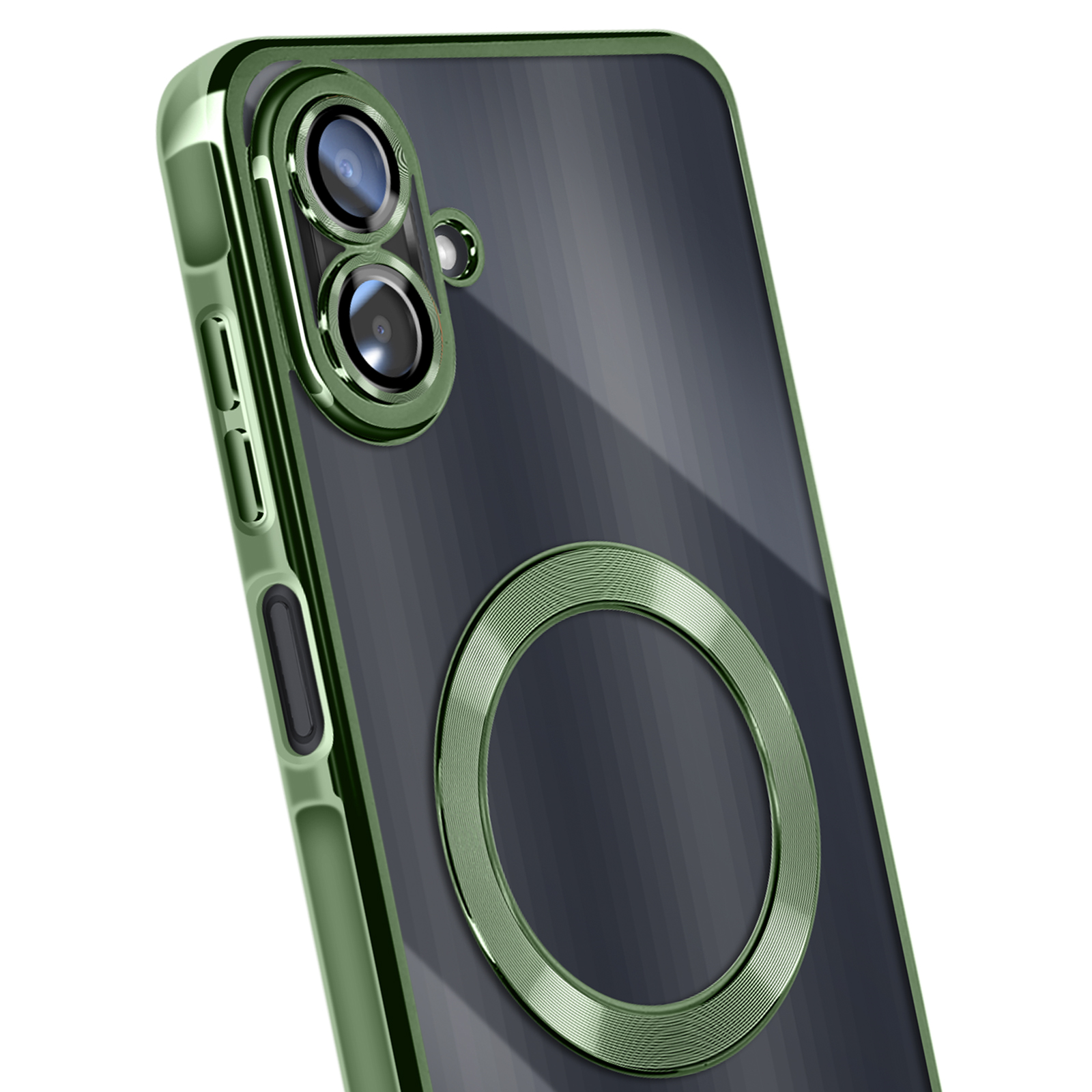 Groene telefoonhoes met cameralenzen en een cirkelvormige ring op een donkergrijze achtergrond, schuine weergave.