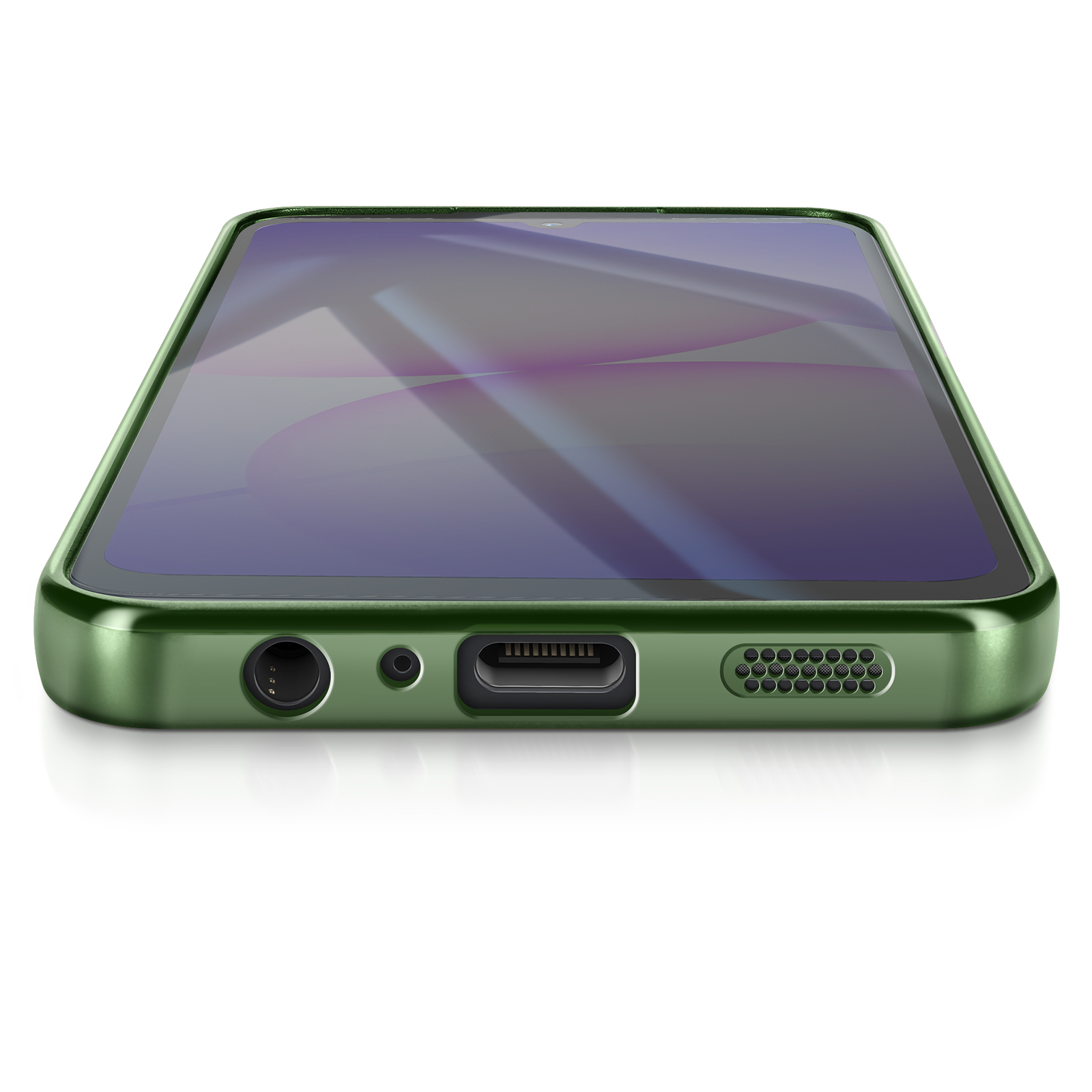 Groene smartphone op een witte ondergrond. Het scherm toont een abstract paars-wit ontwerp.