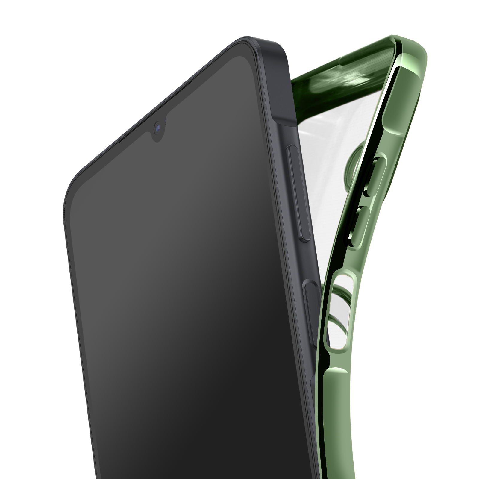 Een smartphone met een zwart scherm en een groene telefoonhoes ernaast, tegen een witte achtergrond.