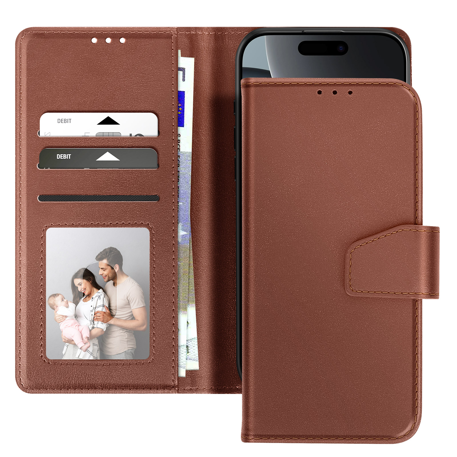Custodia per telefono in pelle marrone. All'interno ci sono slot per carte, una foto e contanti. Un telefono è all'interno della custodia.