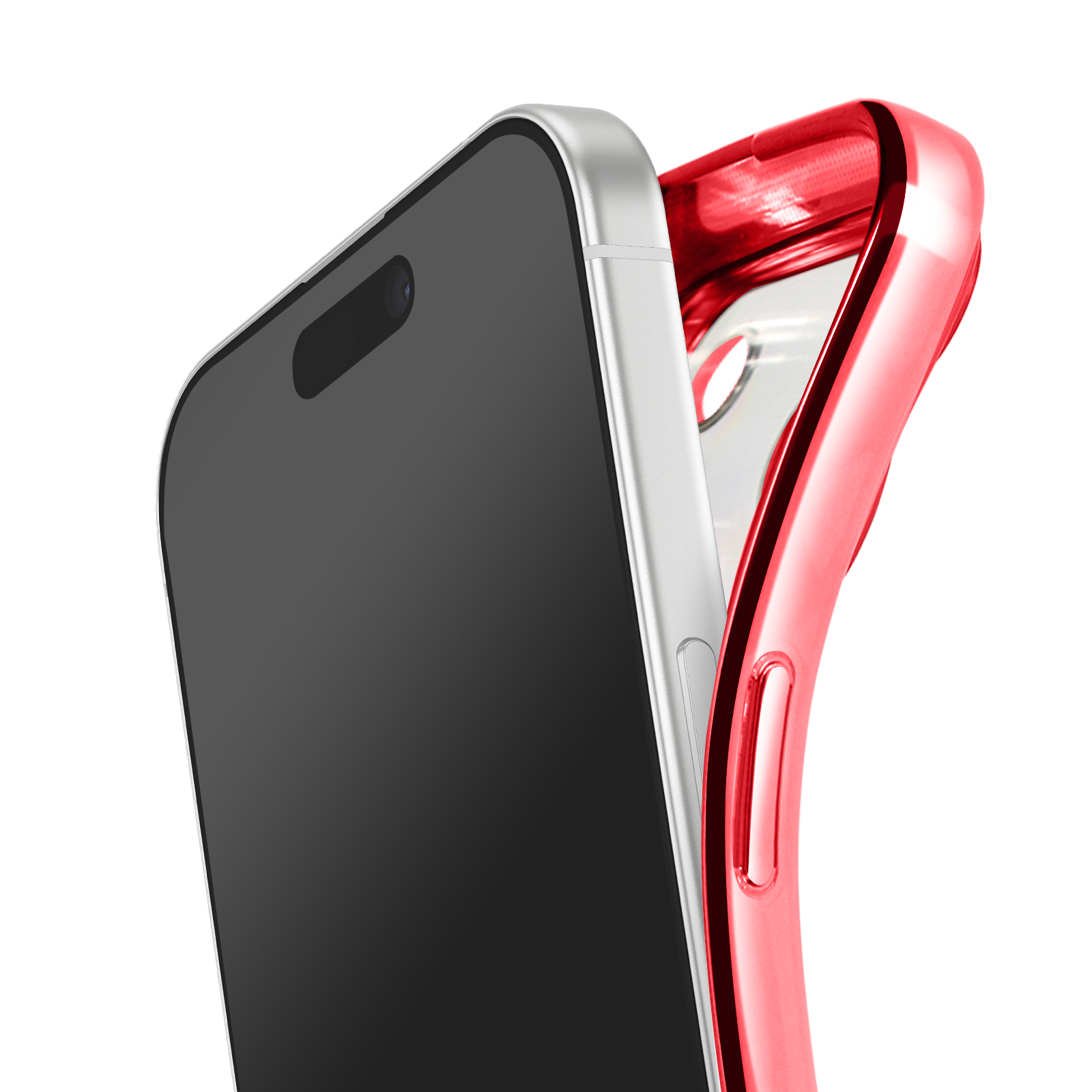 Un smartphone à écran noir est partiellement inséré dans une coque rouge sur fond blanc.