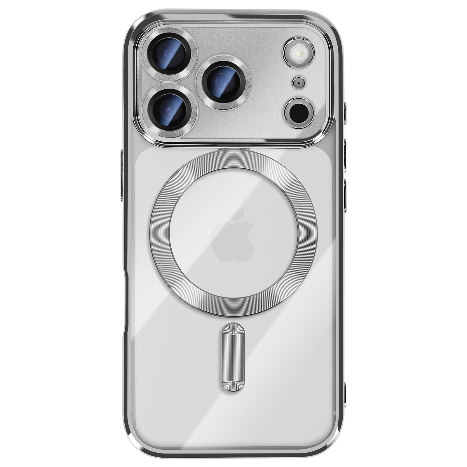 Transparante telefoonhoes met cameragedeelte en Apple-logo. Zilveren ring en rechthoek. Meerdere lenzen.