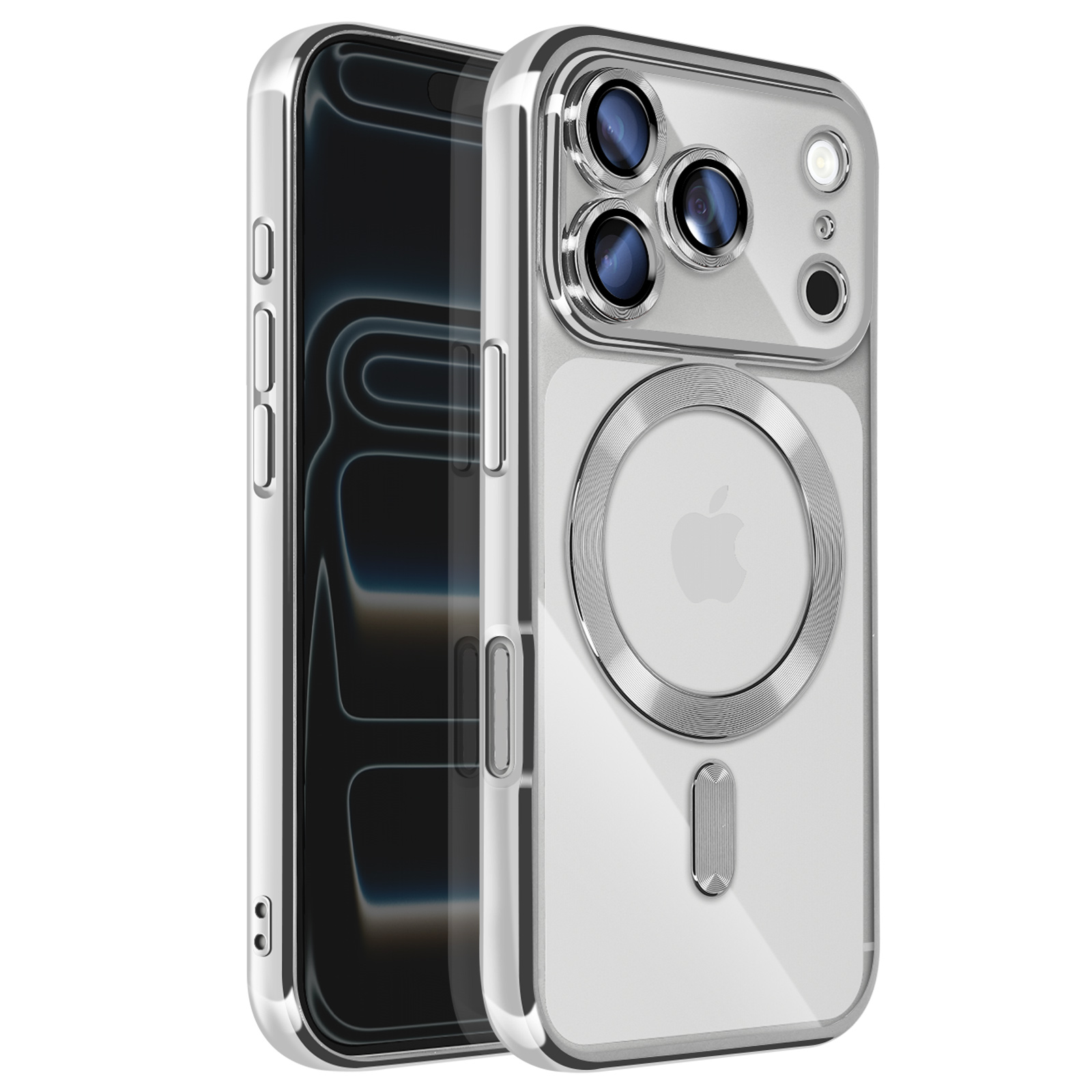 Transparante telefoonhoes met zilveren randen. Zichtbaar scherm en cameralenzen. Apple logo.