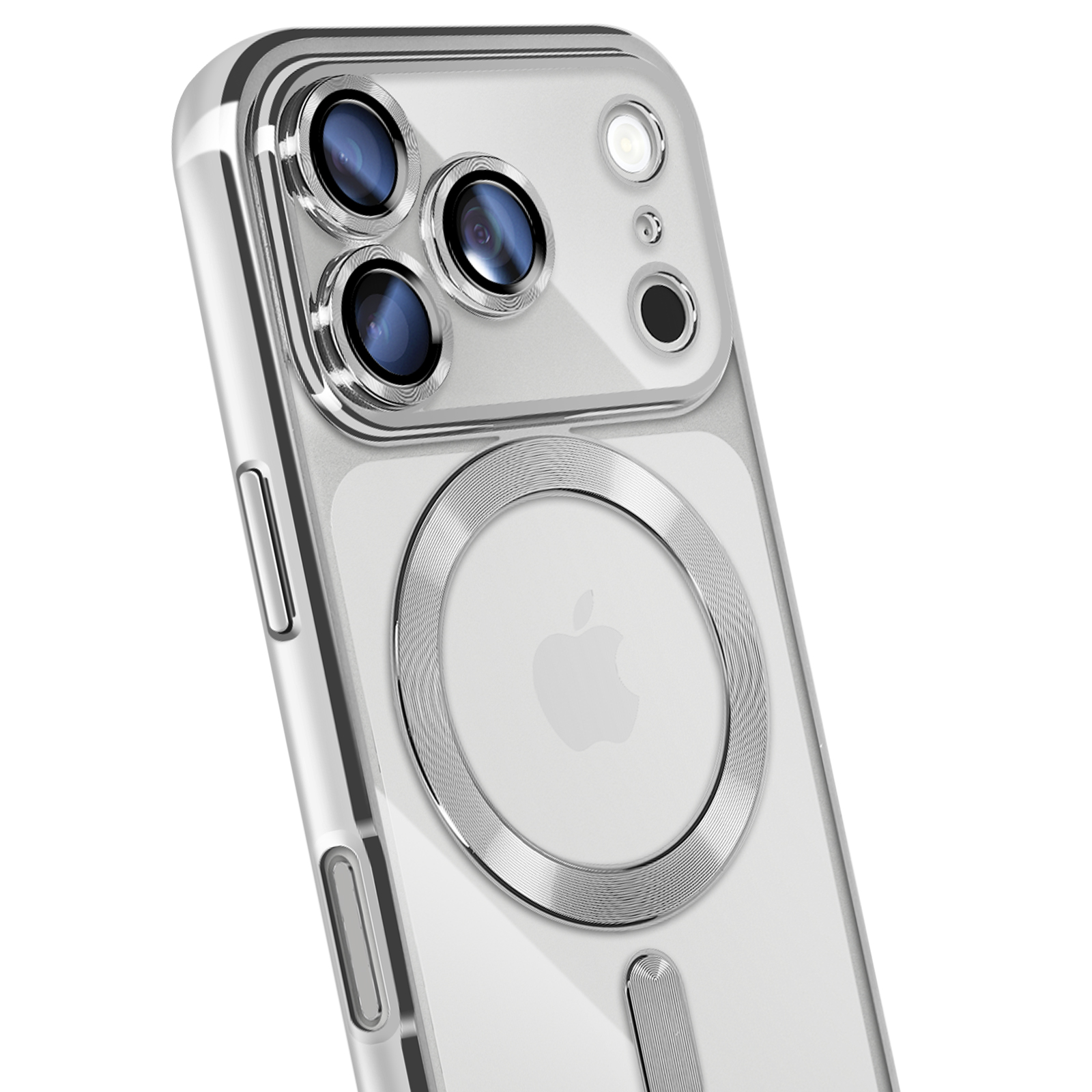 Transparante iPhone-hoes met zilveren ring en Apple-logo. Beschikt over meerdere cameralenzen en een flitser.