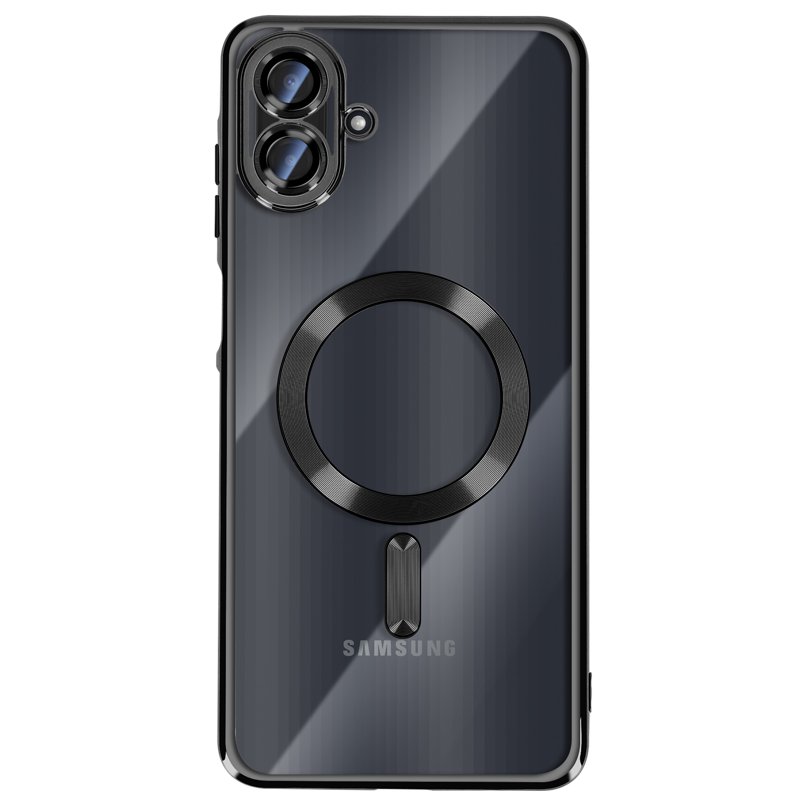 Transparante telefoonhoes met zwarte magnetische ring en verticale balk. Samsung-logo zichtbaar. Twee camera's bovenaan.