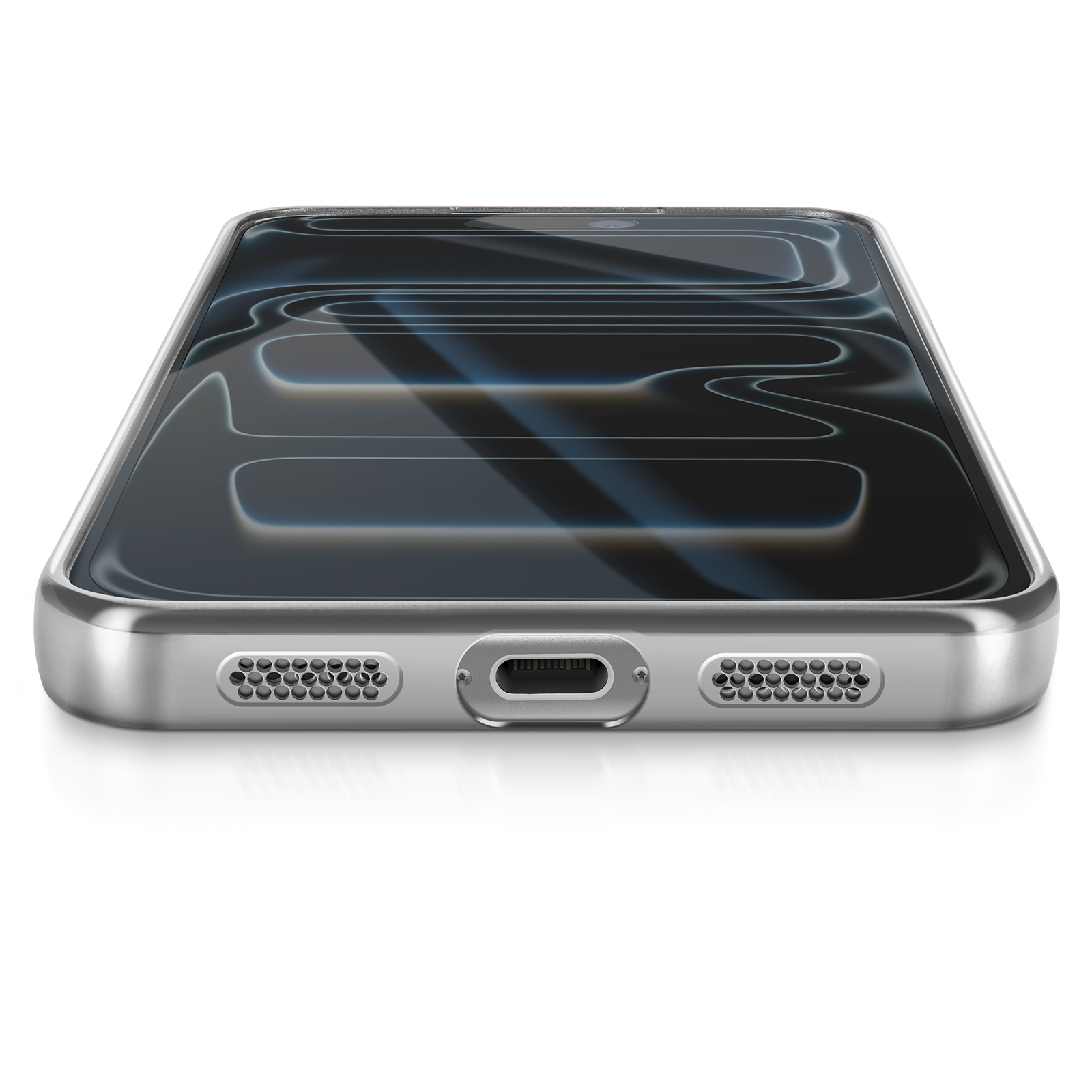 Een zilveren smartphone, schuine weergave. Het scherm toont een donker, golvend patroon. De onderkant heeft luidsprekers en een oplaadpoort.