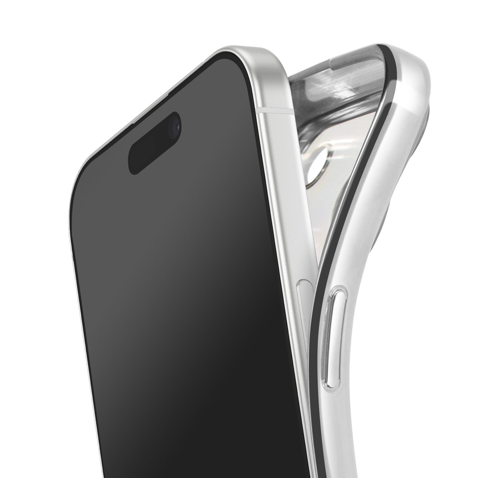 Close-up van een smartphone met zilveren frame en transparante hoes, geïsoleerd op witte achtergrond. Het scherm is zwart.