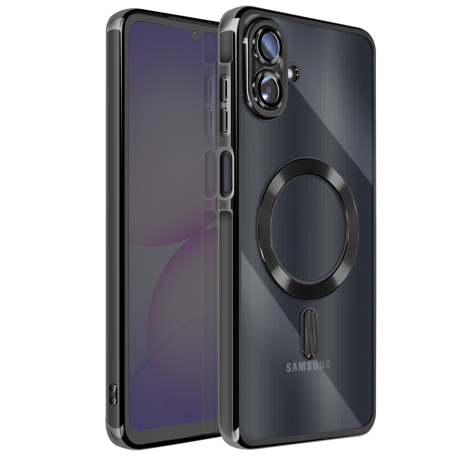 Een telefoon in een hoesje. De hoes is transparant met een zwart frame en een zwarte ring aan de achterkant.