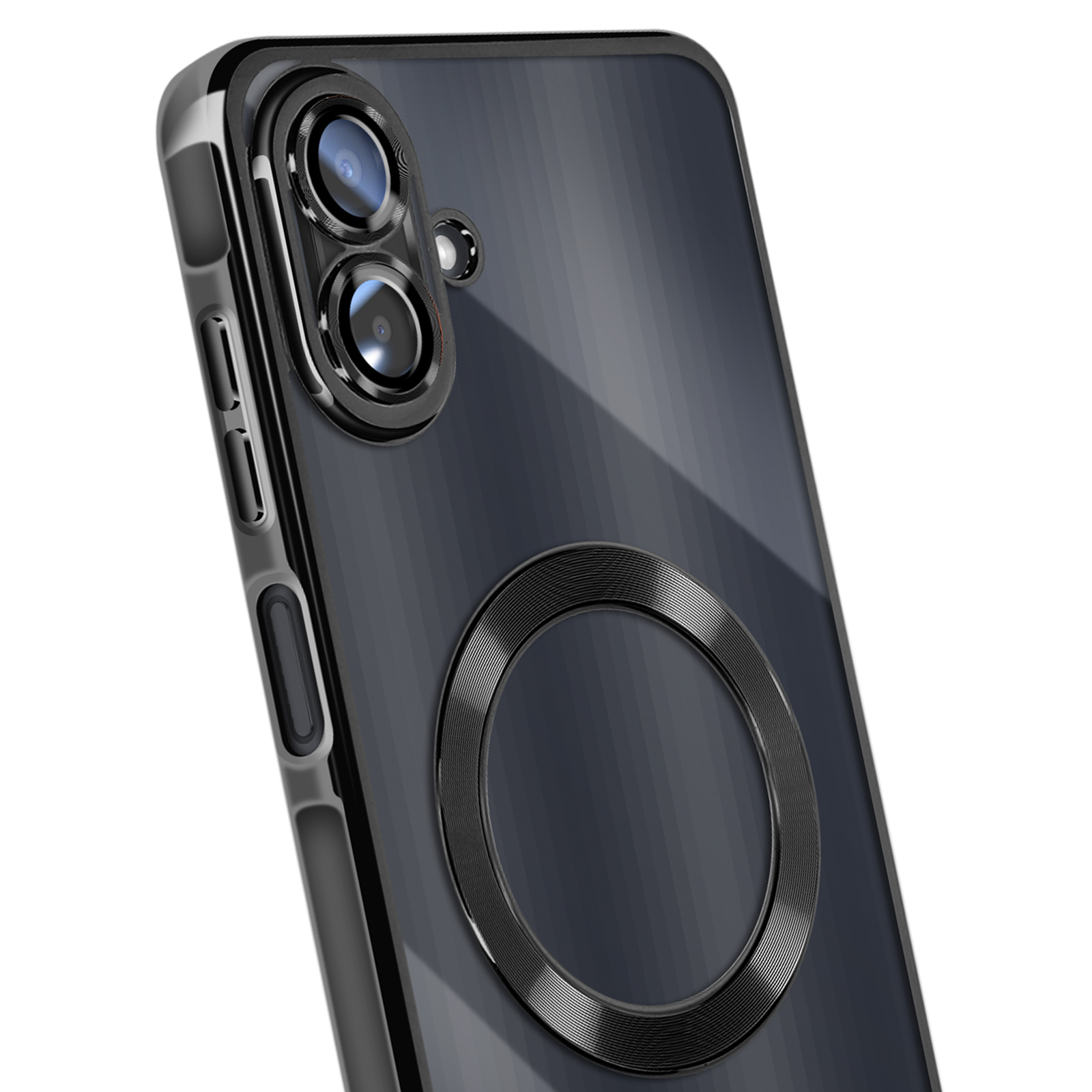 Close-up van een telefoonhoesje. De hoes is transparant met een zwarte cameraring en een cirkelvormige magnetische bevestiging.