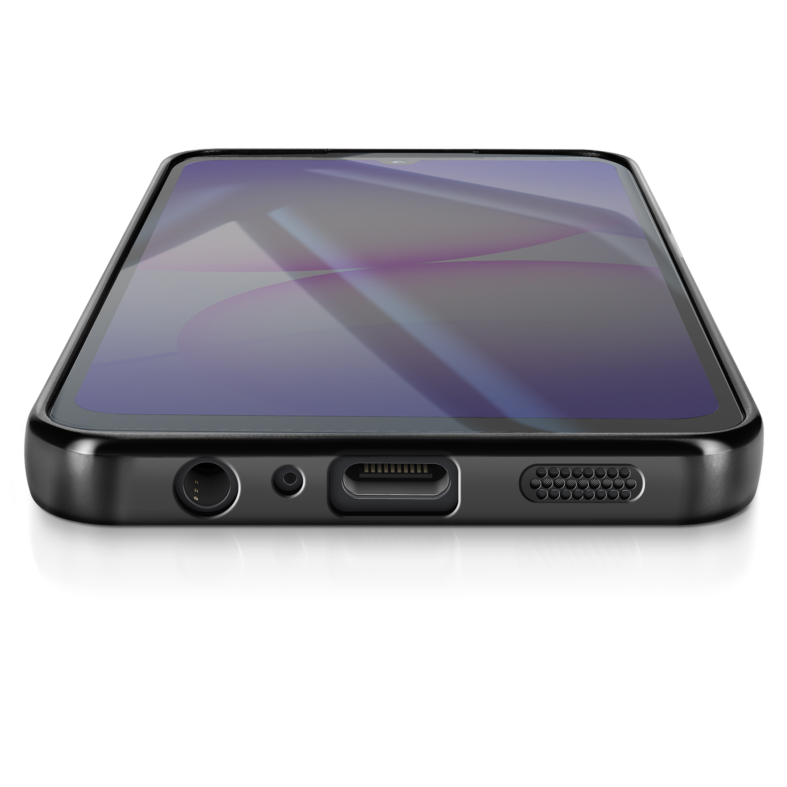 Close-up van een zwarte smartphone plat. Scherm toont paars getinte graphics. Witte achtergrond.