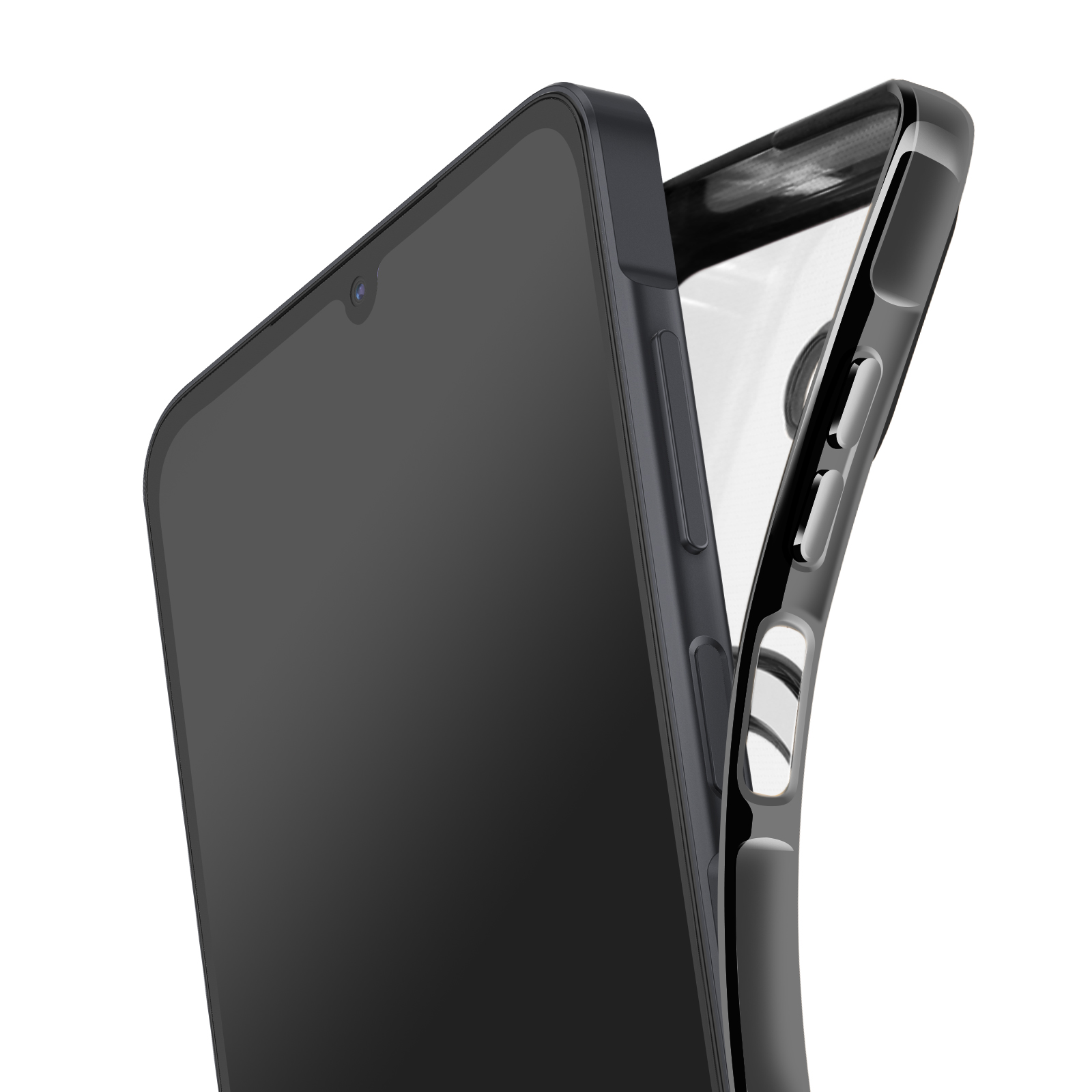Close-up van een zwarte smartphone in een transparante hoes. De telefoon staat grotendeels in beeld.