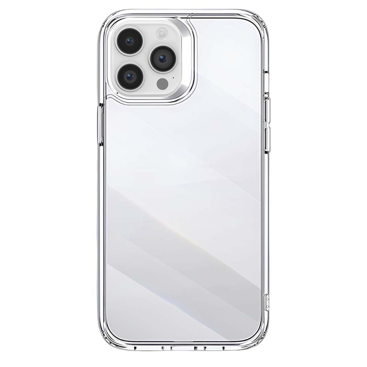 Custodia trasparente per telefono. Il retro ha ritagli per la fotocamera. I lati sono argentati. La custodia è trasparente.