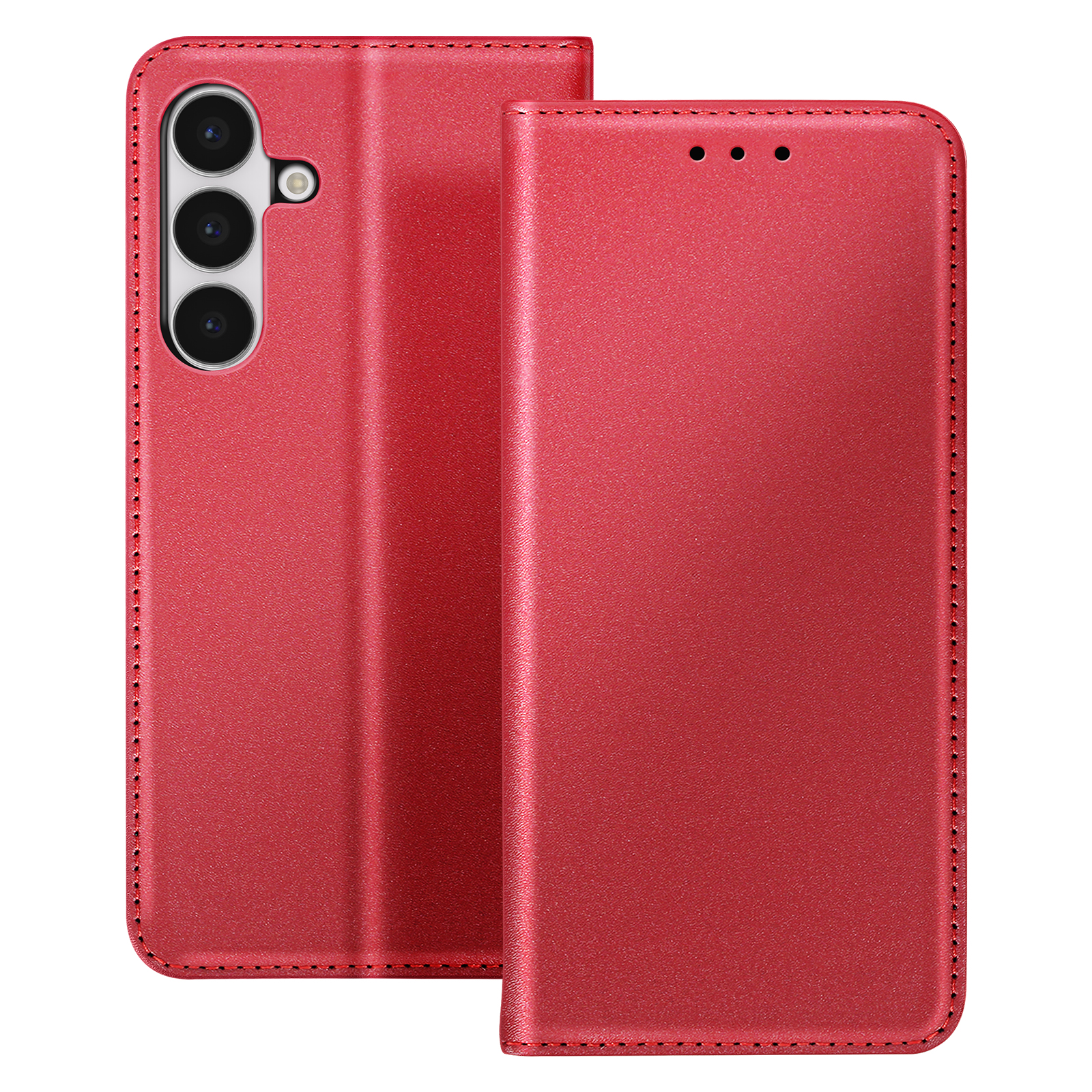 Custodia rossa per telefono, aperta. Tre lenti della fotocamera a sinistra. La cover ha tre fori per l'altoparlante.