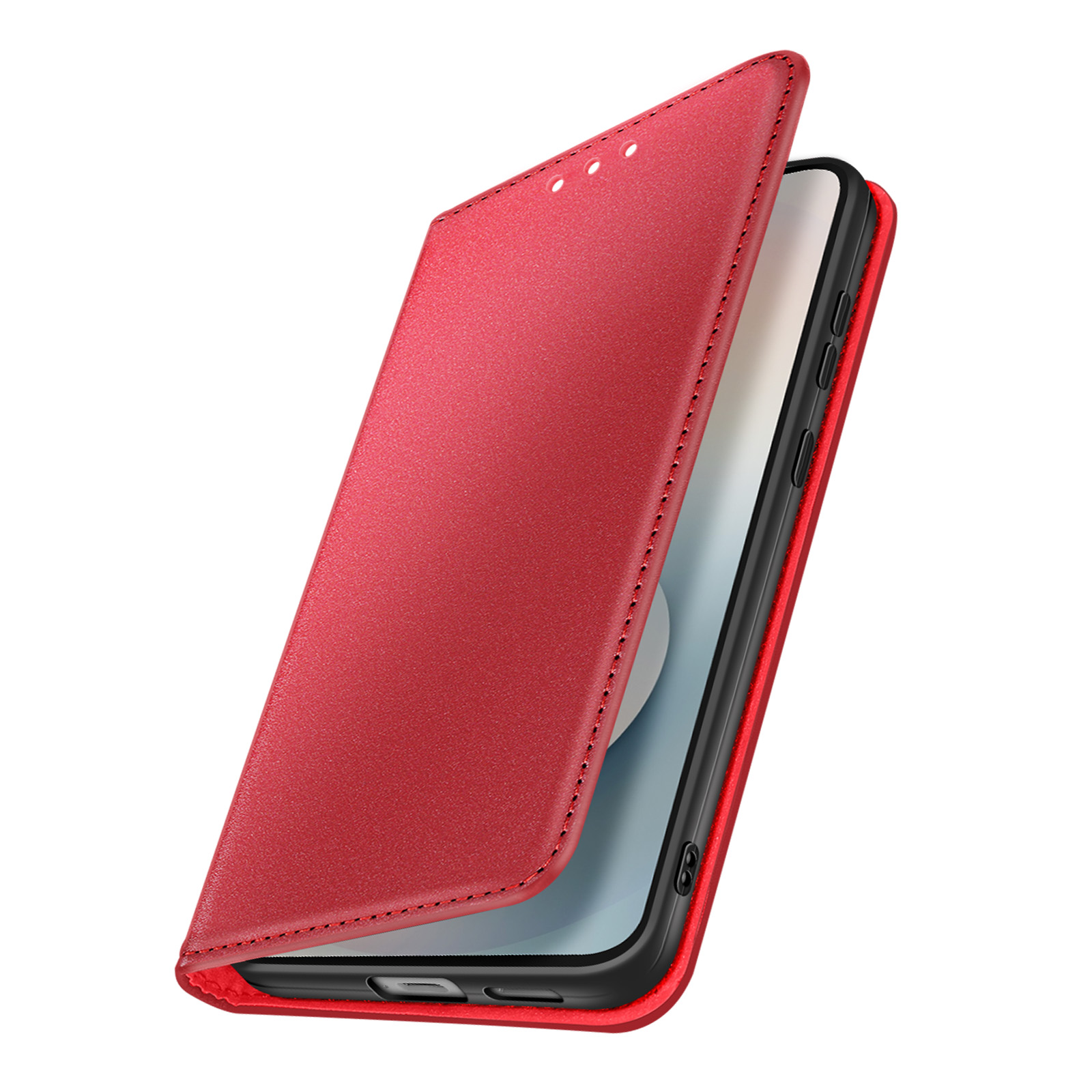 Una custodia rossa per telefono è aperta, rivelando uno schermo nero. La custodia è in similpelle con cuciture e chiusura magnetica.