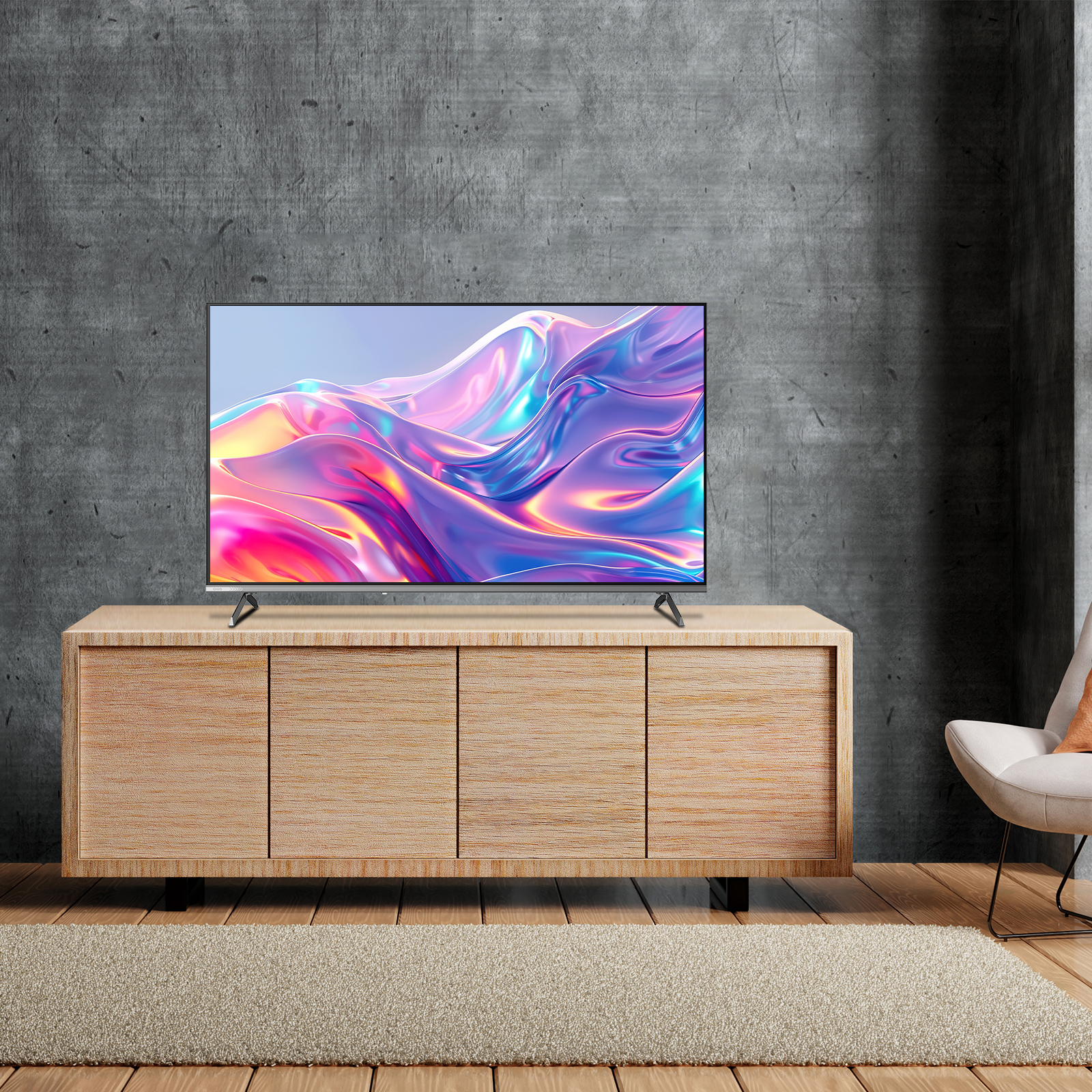 A TV on a wooden cabinet, a beige rug, and a chair. The TV shows abstract colorful visuals.