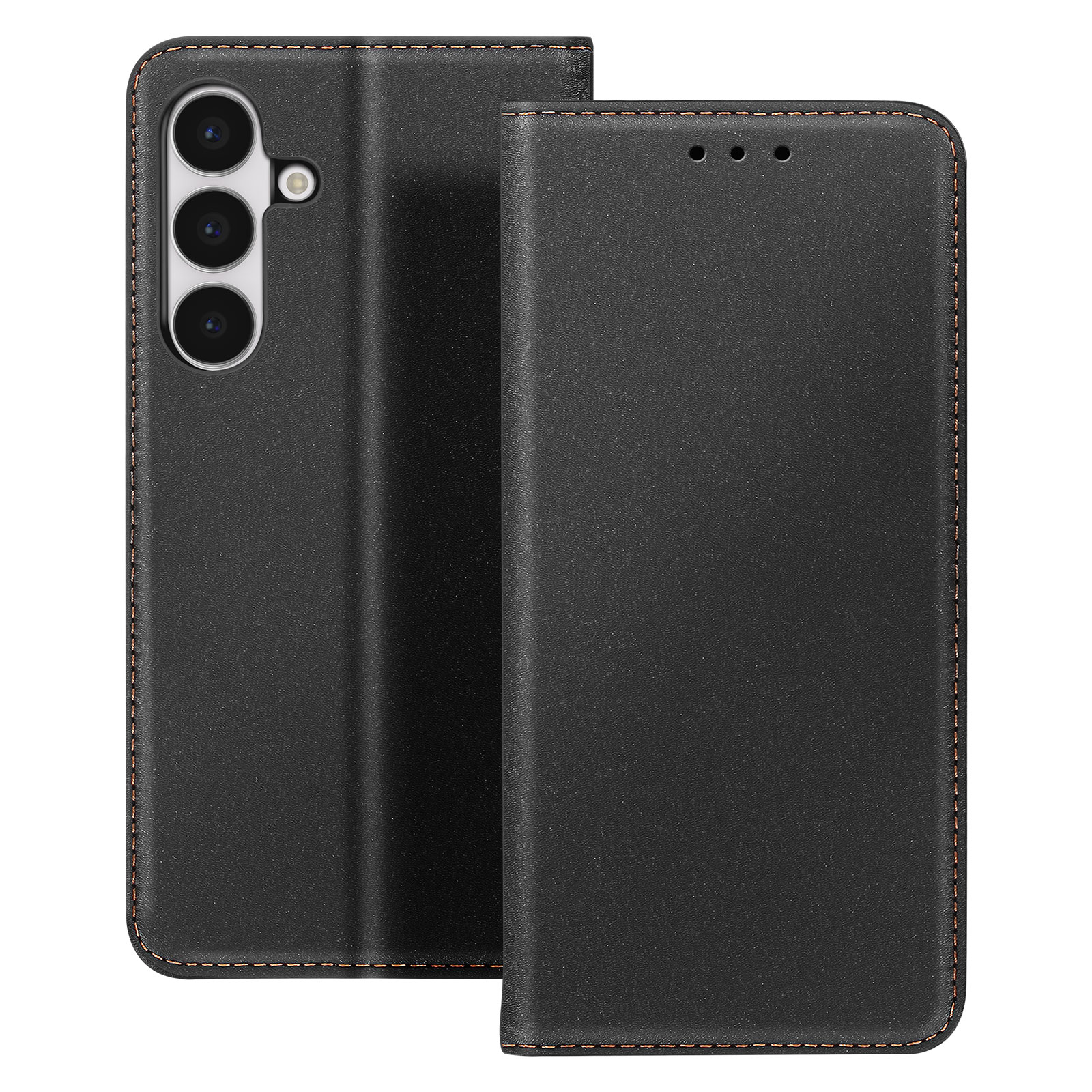 Custodia per telefono nera. Tre obiettivi della fotocamera sul lato sinistro. La custodia è aperta, mostrando l'interno e le cuciture.