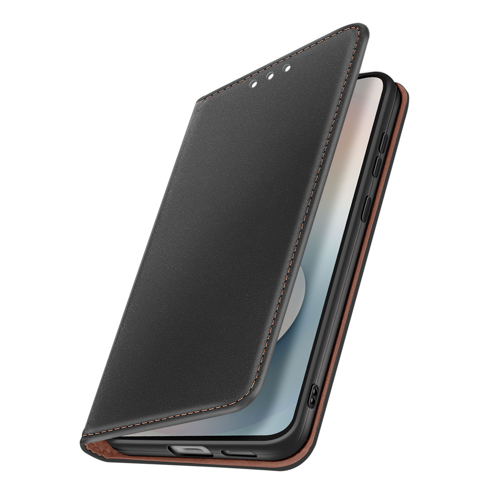 Custodia per telefono in pelle nera, parzialmente aperta, che rivela lo schermo di un telefono. Cuciture e bordi marroni visibili.