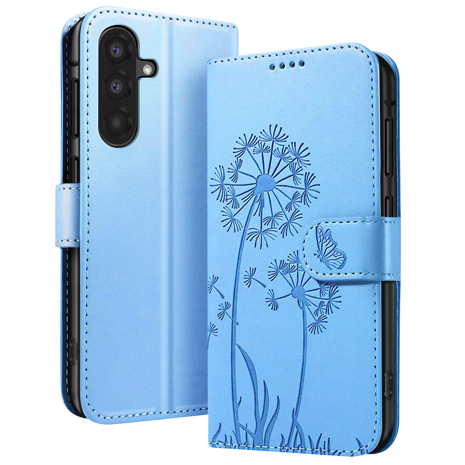 Funda de teléfono azul claro con diseño de diente de león y mariposa. Está abierta, revelando el teléfono.