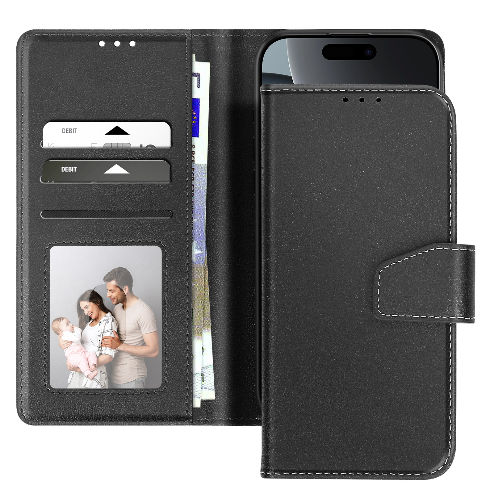 Custodia per telefono nera con telefono all'interno. La custodia ha scomparti per carte, una foto di famiglia e chiusura a scatto.