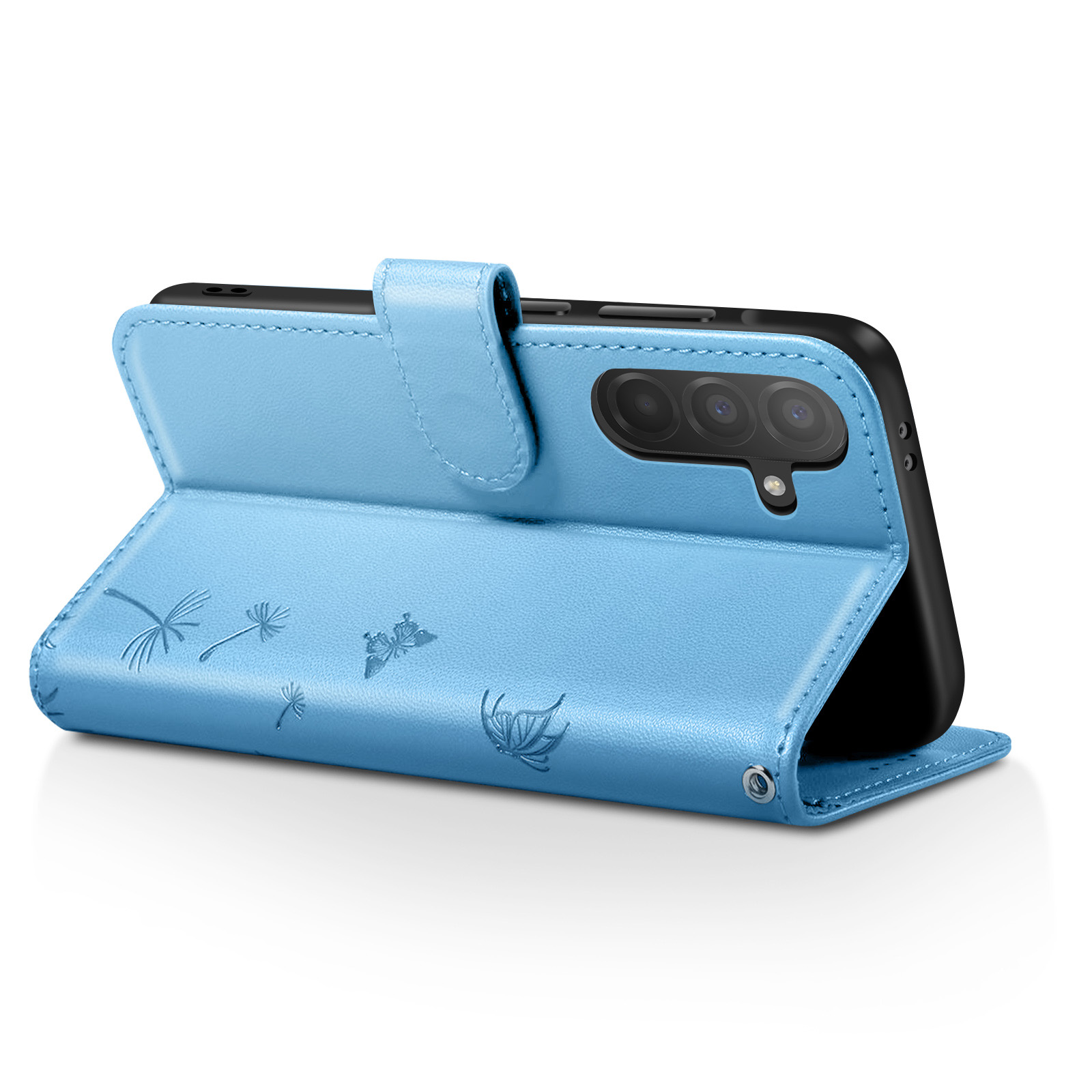 Funda de teléfono azul claro con diseños de diente de león y mariposas, sosteniendo un smartphone negro. La funda está abierta.
