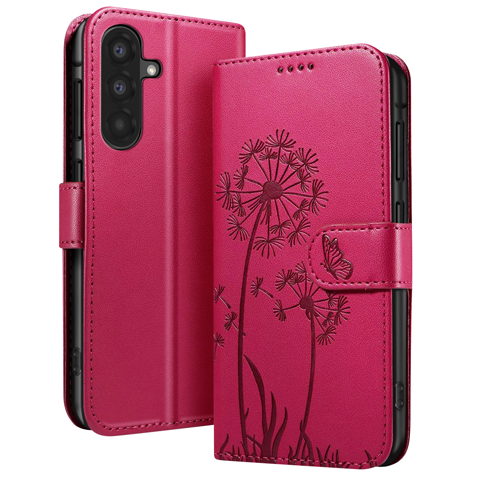 Eine magentafarbene Handyhülle mit Pusteblumen- und Schmetterlingsdesign. Sie ist offen und zeigt ein Telefon mit Kameras.