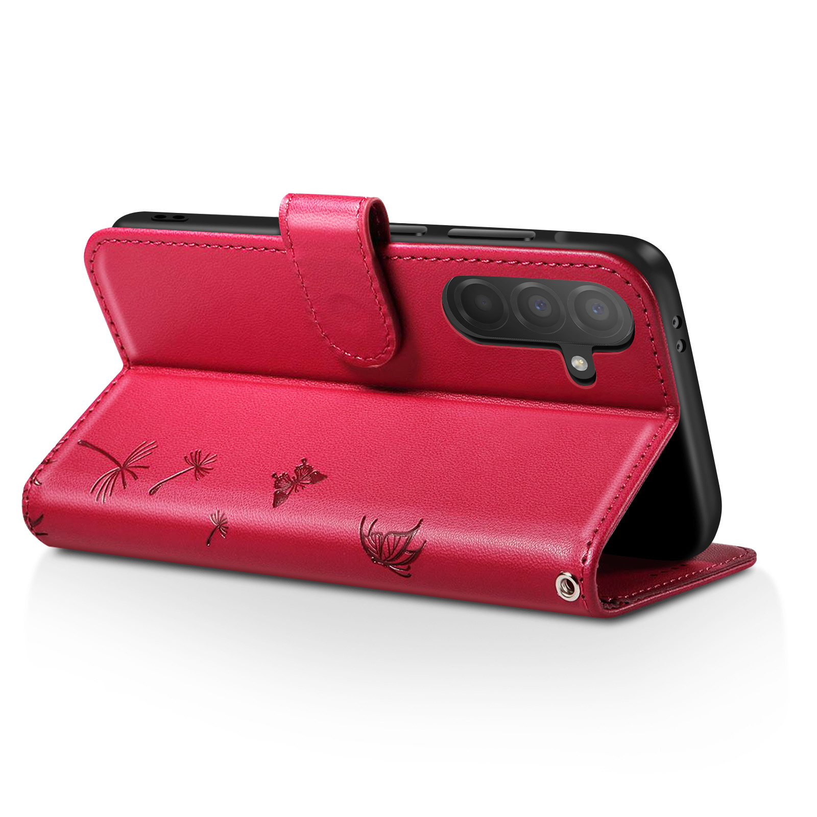 Rote Handyhülle mit Telefon. Die Hülle hat florale Designs. Die Hülle ist geöffnet und zeigt das Telefon und die Innenseite.