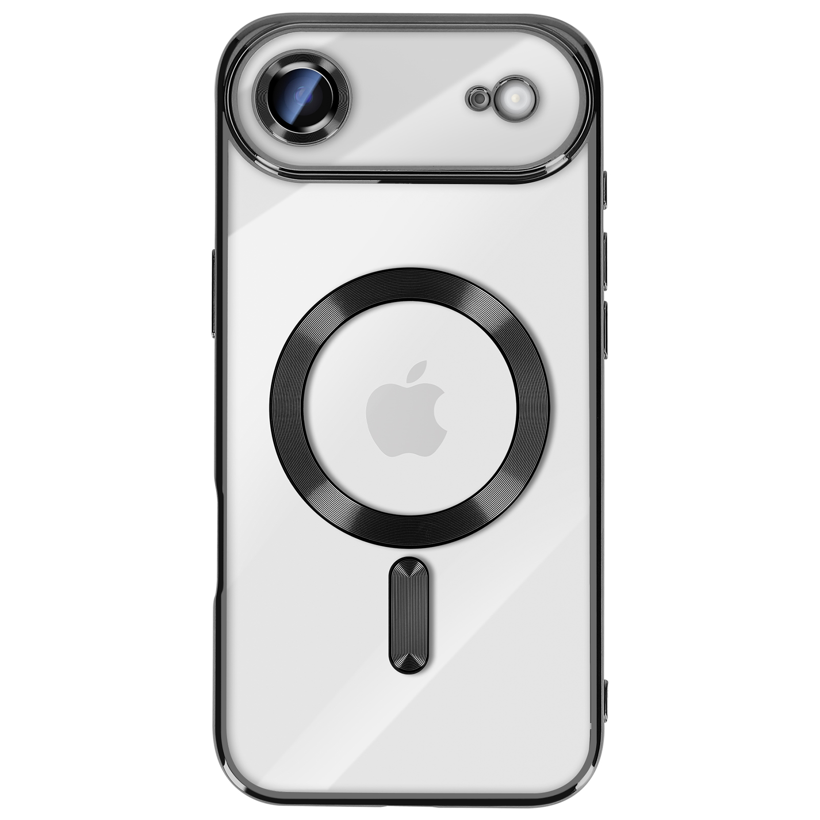 Transparante telefoonhoes. Zwarte cameraring, magnetische cirkel en oplaadstandaard. Apple-logo in het midden.