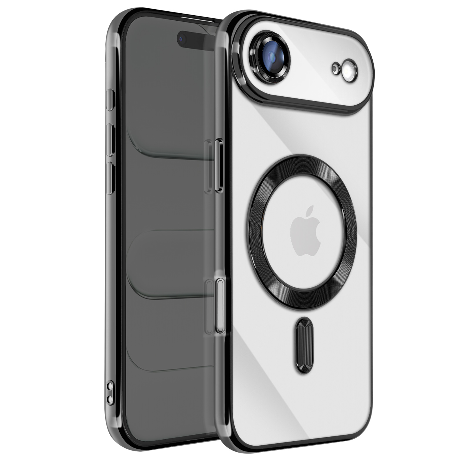 Transparante telefoonhoes met cameralens. De hoes heeft een zwarte ring rond de lens en het Apple-logo.