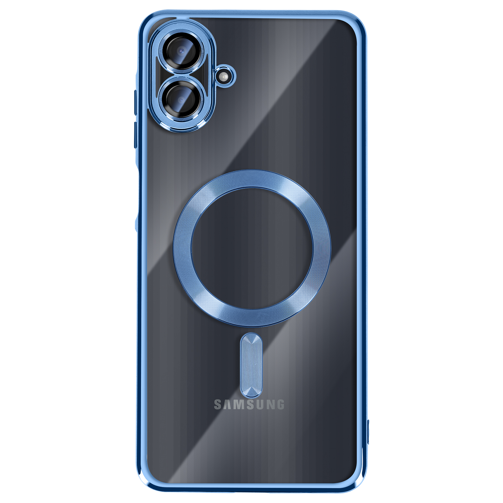 Transparante telefoonhoes met blauwe rand. Met ring, rechthoek en camera-uitsparing. Samsung-logo onderaan.