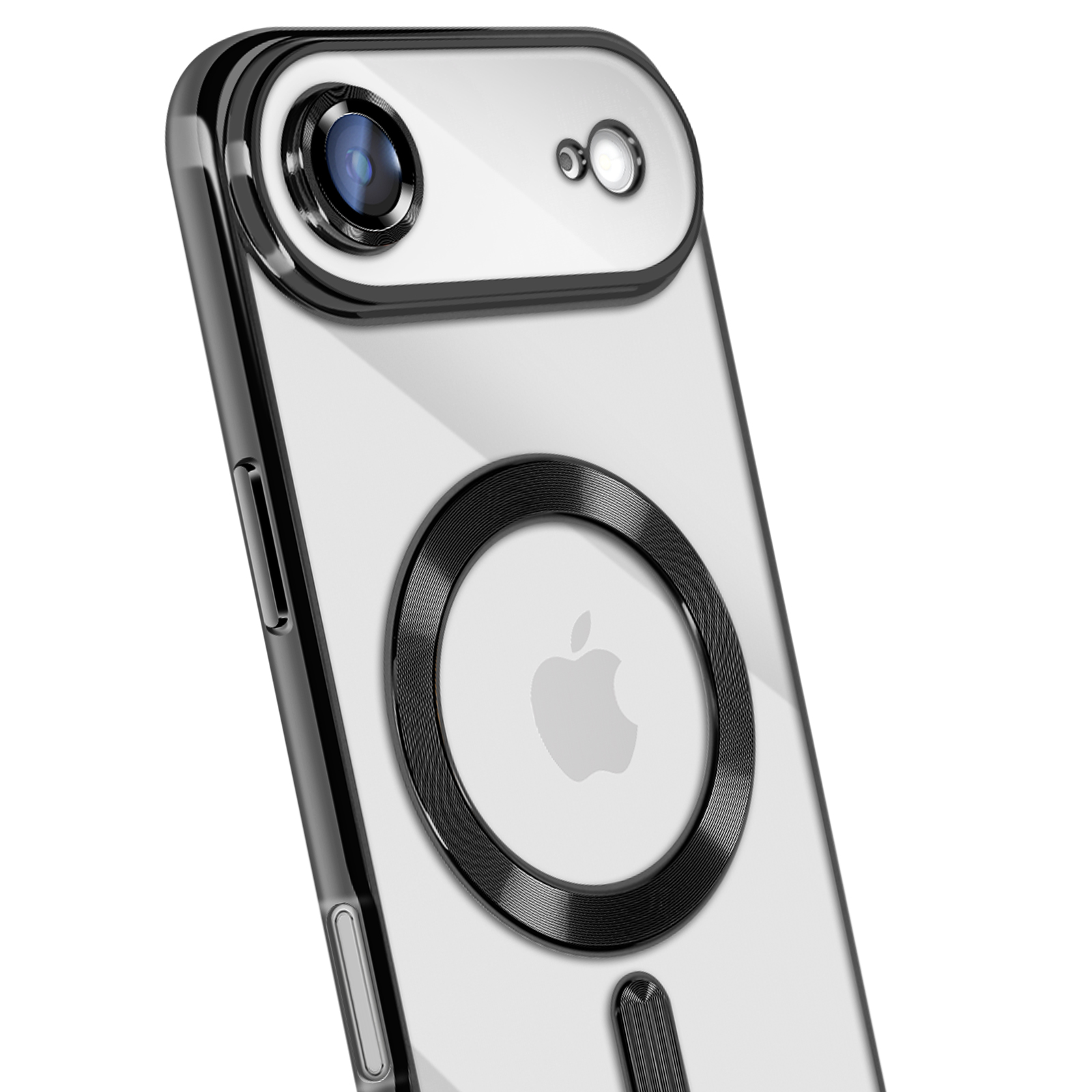 Transparante telefoonhoes met zwarte accenten. Zichtbare cameralenzen en Apple-logo. Schuine weergave tegen witte achtergrond.
