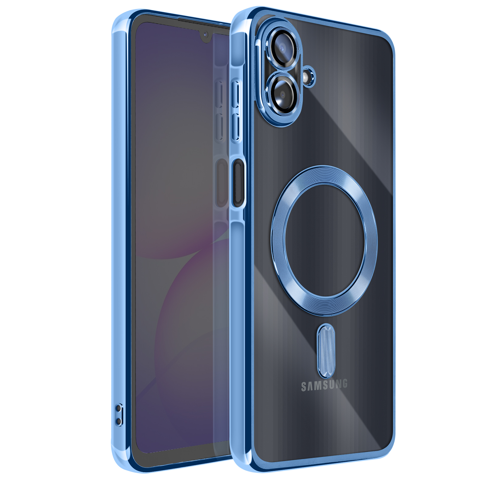 Een blauwe telefoonhoes met een doorzichtige achterkant en een blauwe ring. De hoes staat op een witte achtergrond. Samsung logo.