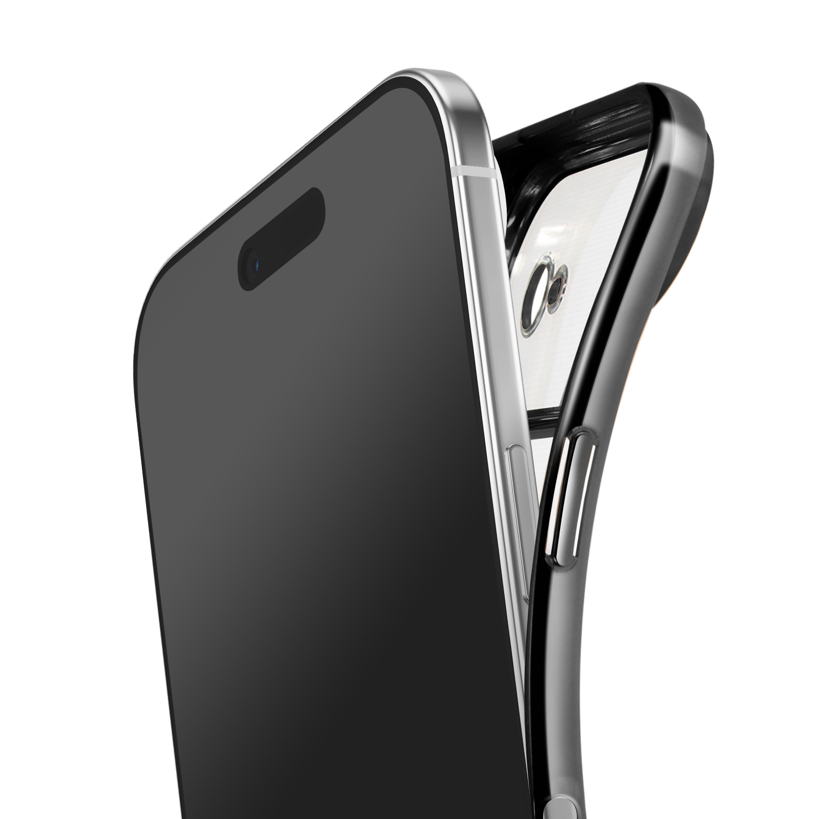 Close-up van een zwarte smartphone met een gedeeltelijk open transparante hoes, geïsoleerd op een witte achtergrond.