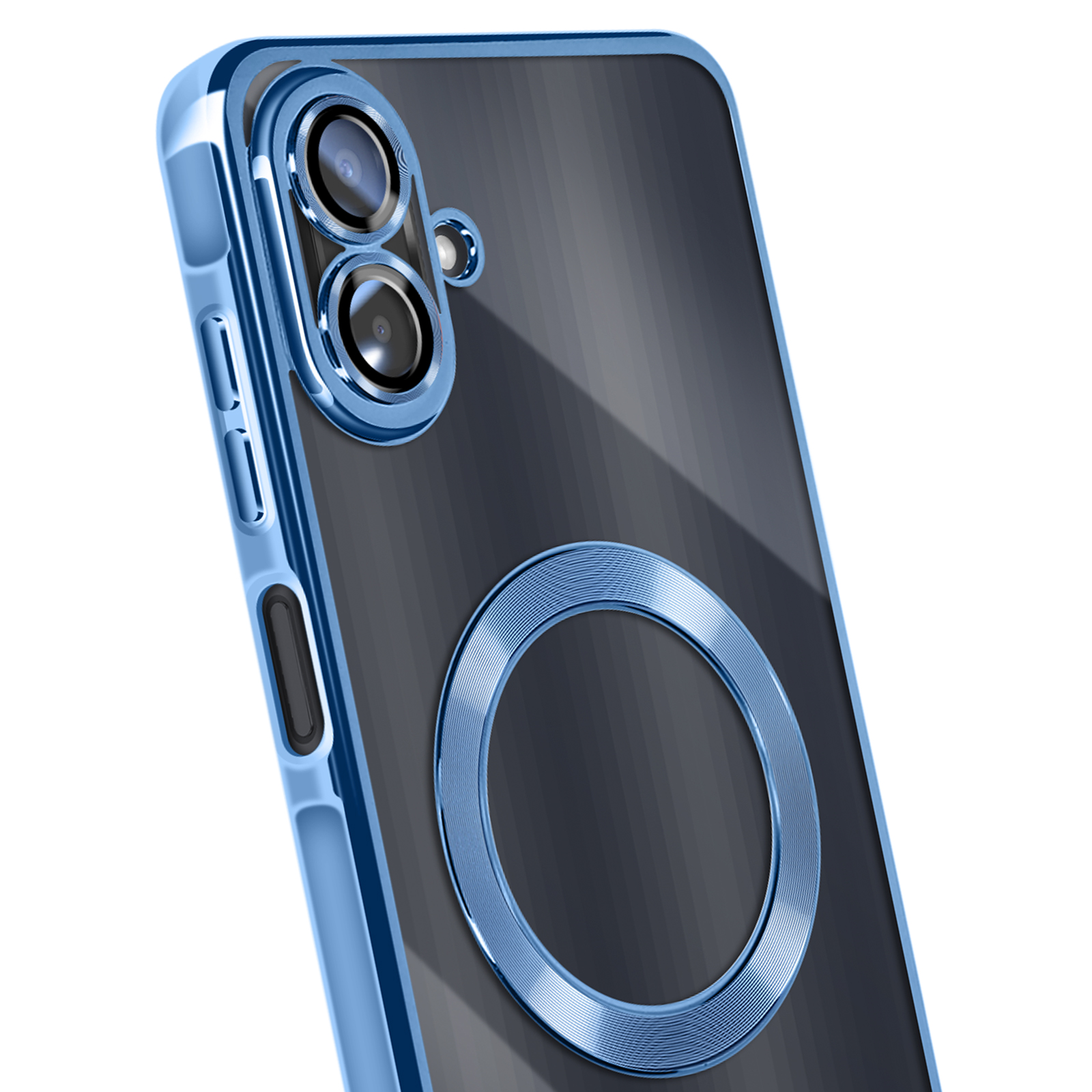 Een telefoonhoesje met een blauw frame. De hoes heeft een doorzichtige achterkant met een blauwe ring en camerabult.