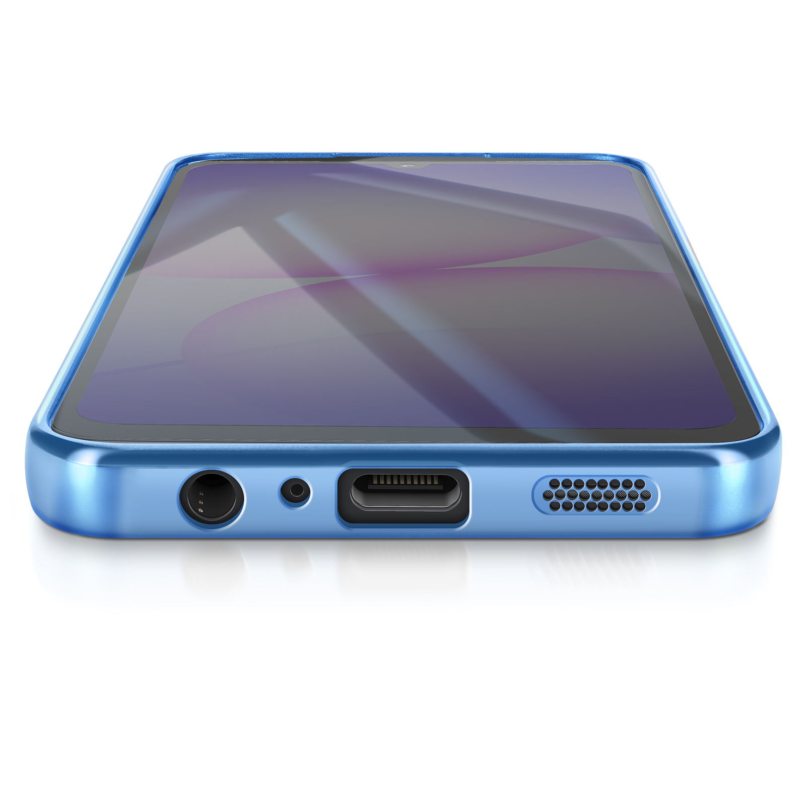 Een blauwe smartphone ligt op een wit oppervlak. Het scherm toont een paars ontwerp. De onderkant heeft poorten.