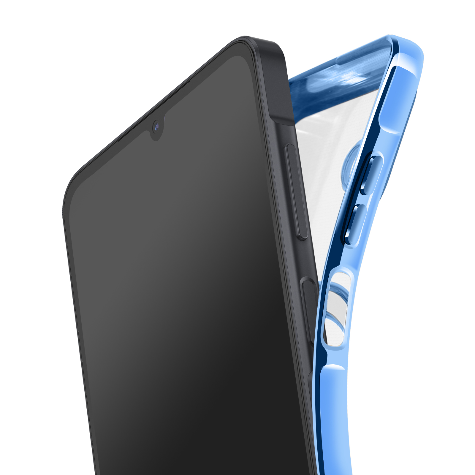 Een smartphone met een zwart scherm en een blauwe telefoonhoes op een witte achtergrond. De hoes is open.