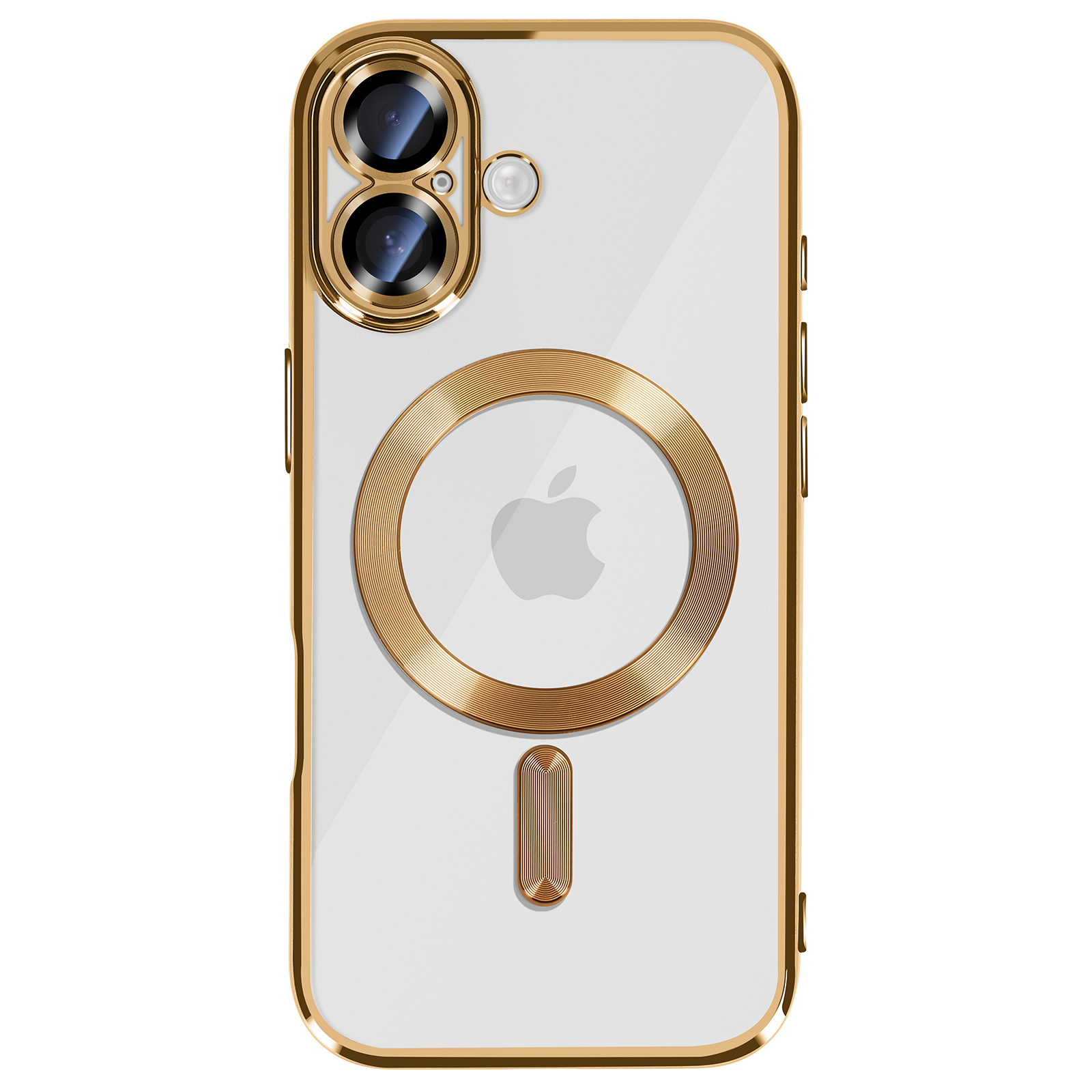 Coque iPhone transparente avec bordure dorée. Dispose d'un anneau doré pour le logo Apple, la section caméra et le port de charge.