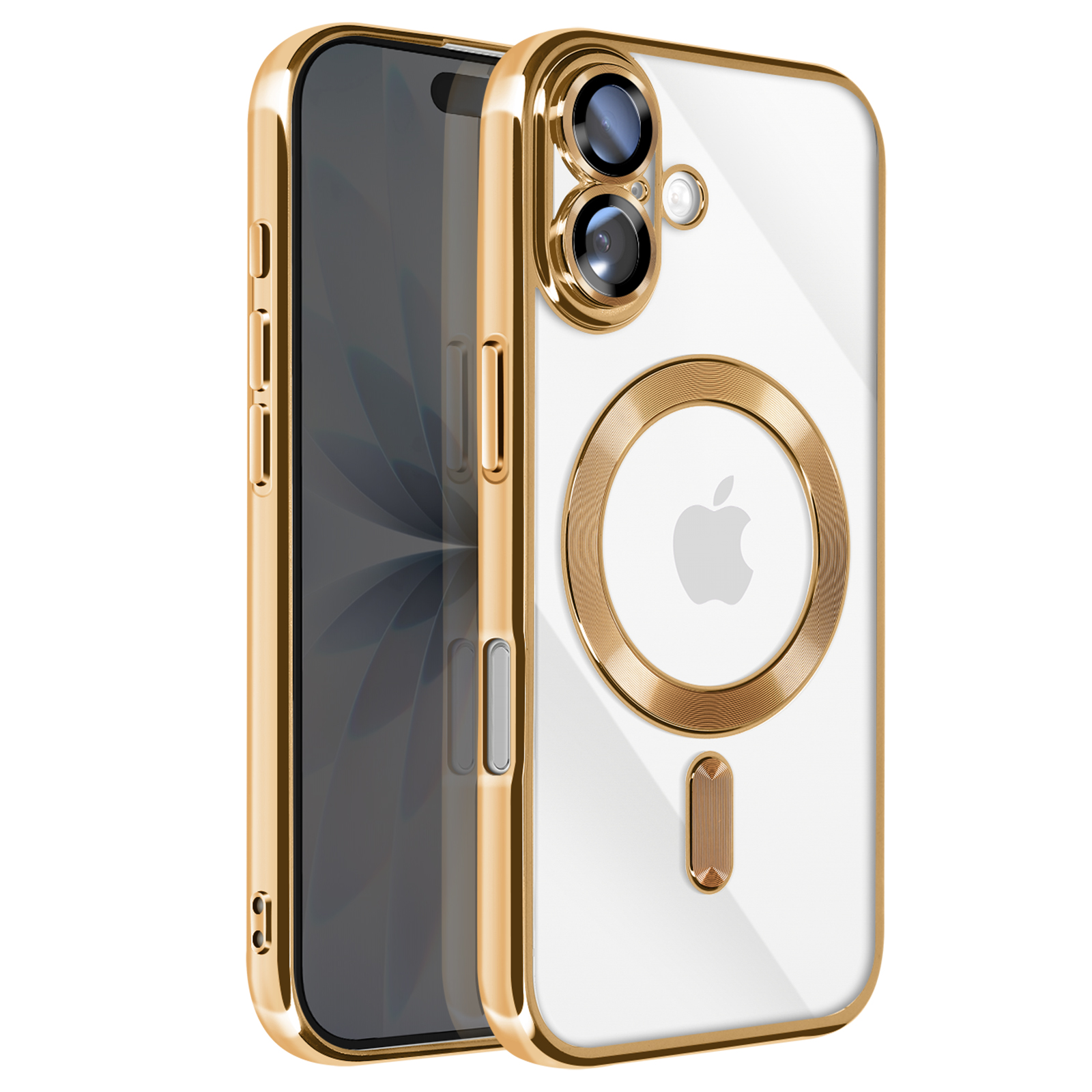 Coque de téléphone dorée avec dos transparent. La coque a un cadre doré. Logo Apple visible. Le téléphone est à l'intérieur.